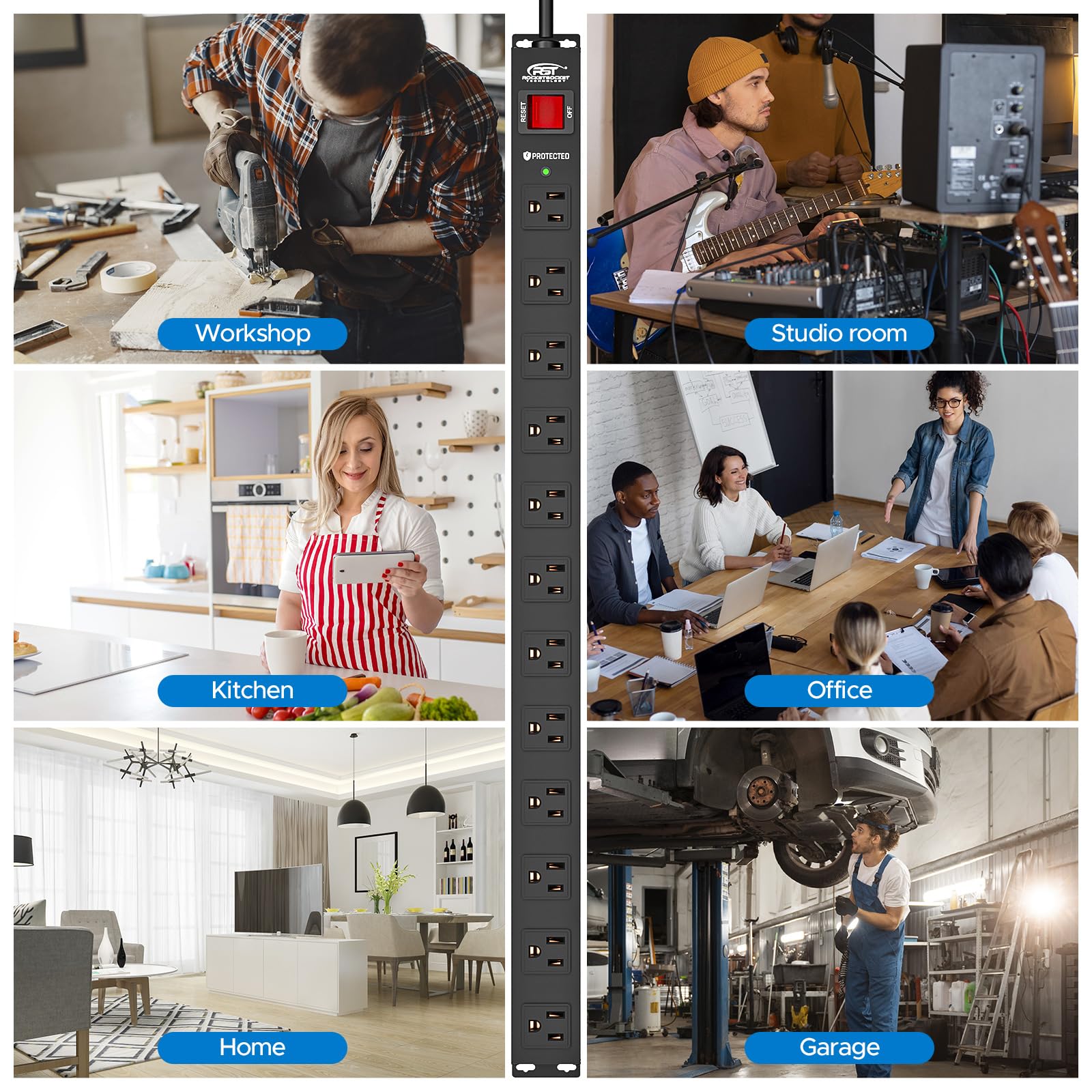 CRST 12-Outlet Long Power Strip with 15FT Cord, 2100 Joules Heavy Duty Surge Protector Mountable Power Strip, Wide Spaced Outlets for Industrial Garage Commercial(15A/1875W)