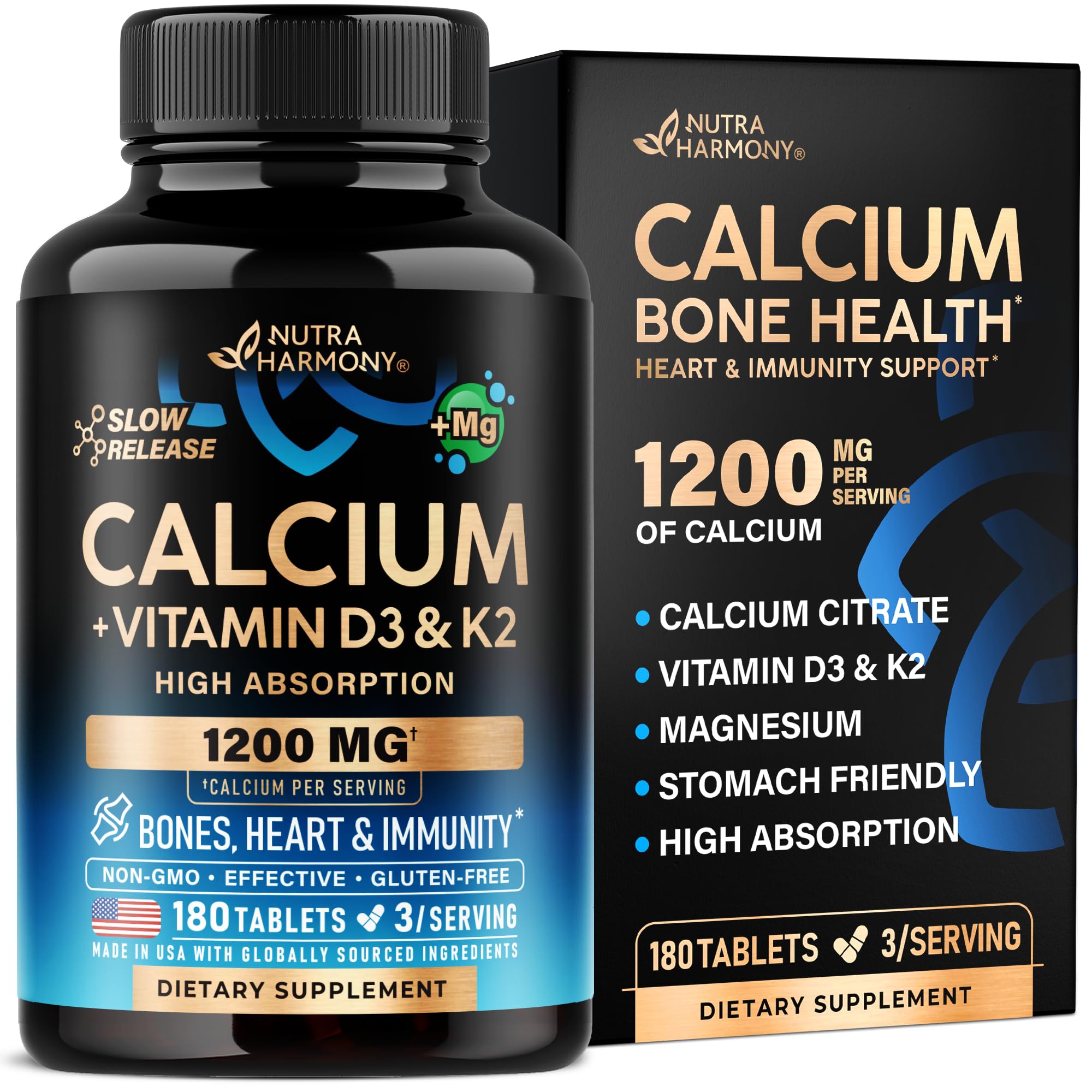 Calcium Supplements for Women - Calcium 1200 mg with Vitamin D3 & K2 - Bone Health, Strength & Density - High Absorption, Slow Release - Made in USA - Citrate & Carbonate Form, 180 Tablets for 2 Month