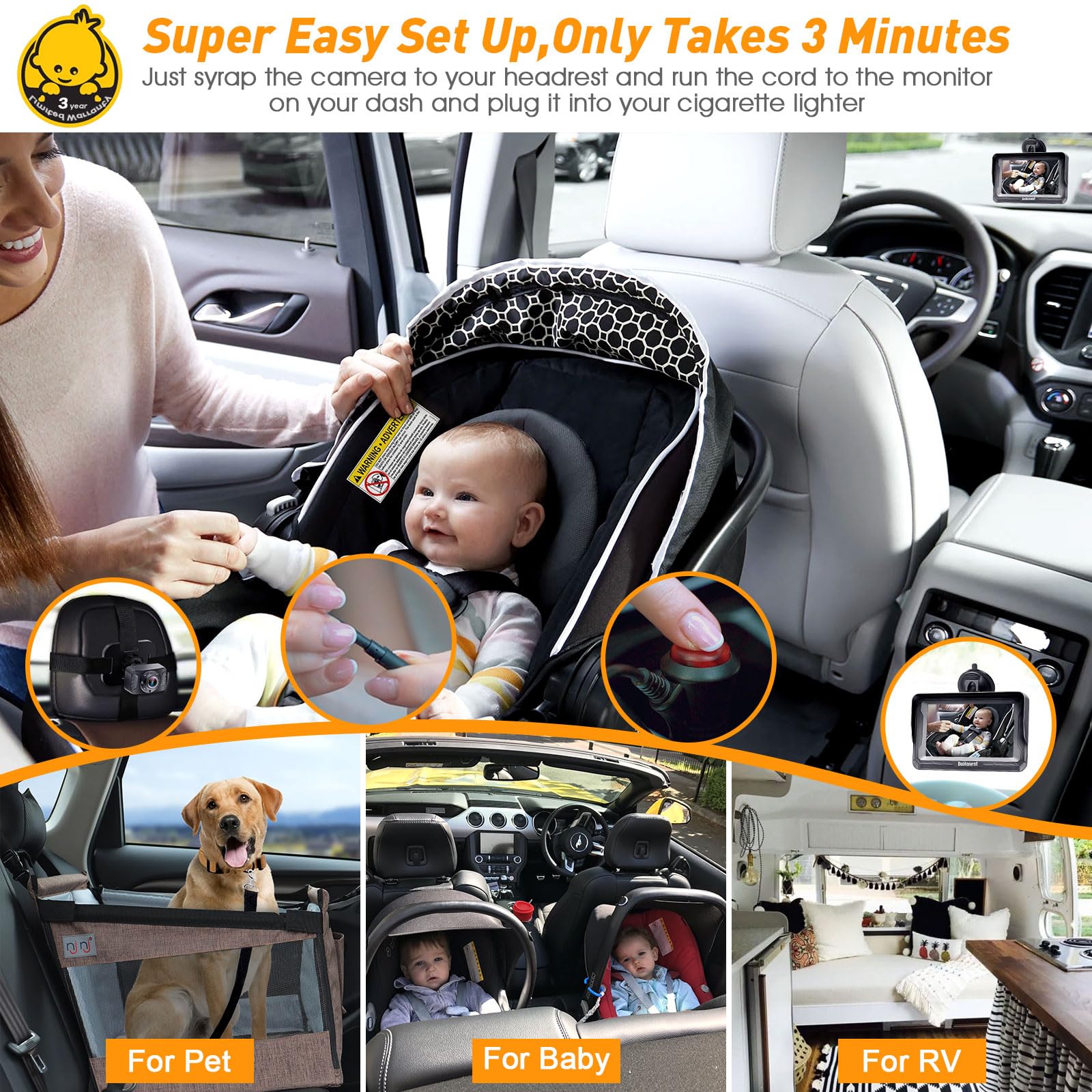 DoHonest Baby Car Camera for Backseat: HD 1080P Easy Setup Carseat Camera Rear Facing Infant - Crystal Night Vision 360° Rotating Baby Car Monitor for Kids - V33