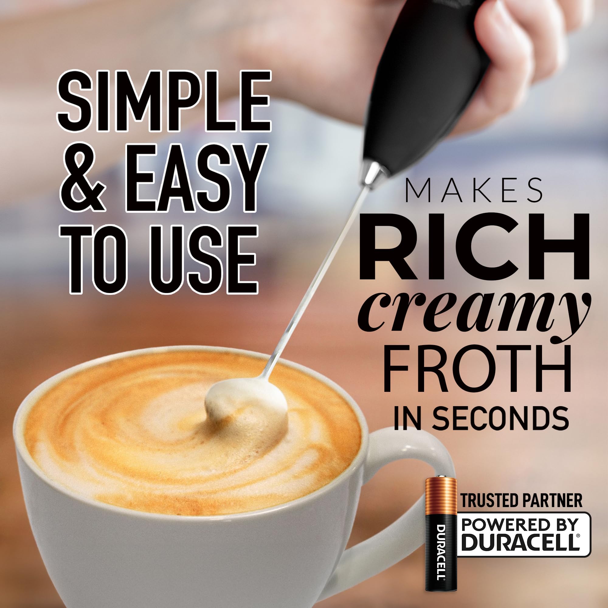 Zulay Kitchen Duracell Powered Milk Frother Wand Drink Mixer - Durable, Proprietary Z Motor Max - Handheld Frother Electric Whisk, Milk Foamer, Mini Blender and Electric Mixer Coffee Frother - Black