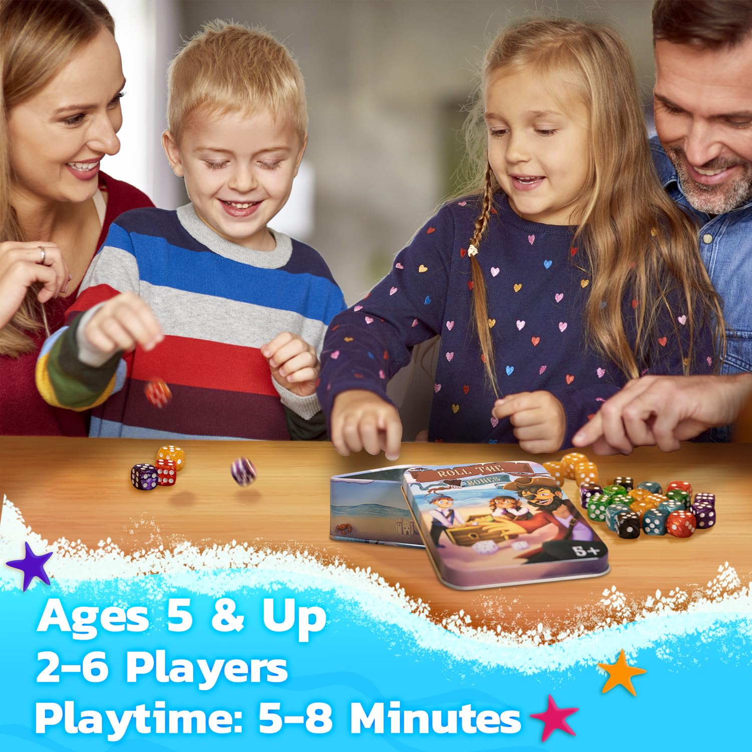 Roll The Bones Dice Game for Kids, Fast-paced Dice Game for Family Game Night, 2-6 Players Aged 5+, 6 Sided Dice Set with 12 Sided Dice, Kids Games, Easy to Learn