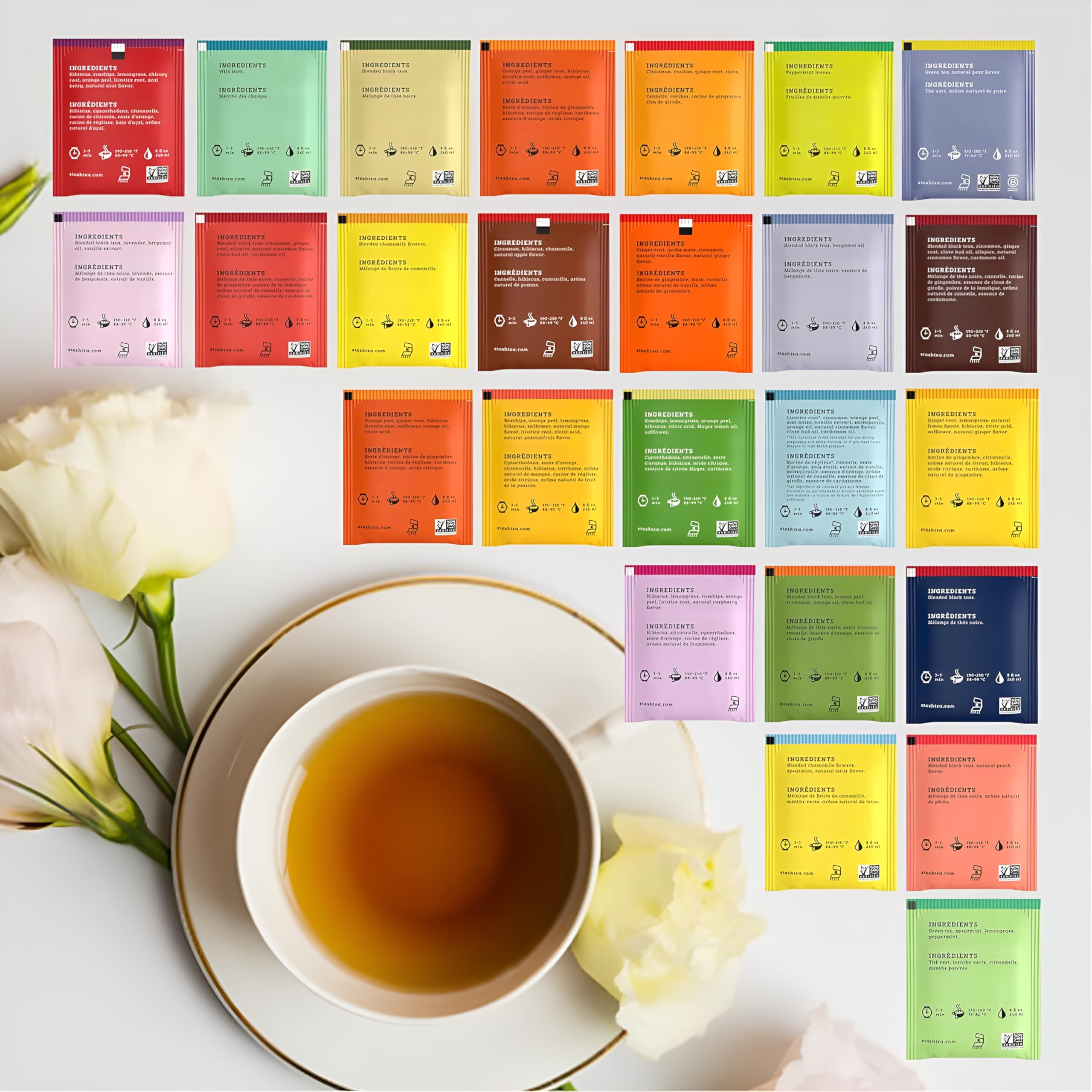 70Pcs Stash Tea Variety Pack, 25x2 Assorted Tea Flavors with 20 Honey Sticks, Tea Sampler with Herbal, Green, Black, and Chai Tea Bags