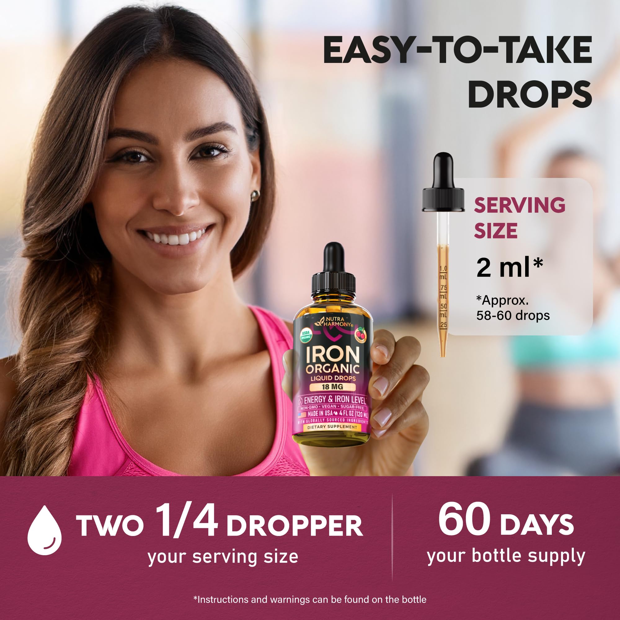 Liquid Iron Supplement for Women 18 mg - USDA Organic Drops, USA-Made - with Folate, Vitamin B12 & B6 - Iron Level & Energy - Gentle & High Absorption Glycinate Form - Cherry Flavor, Sugar-Free, 4 oz