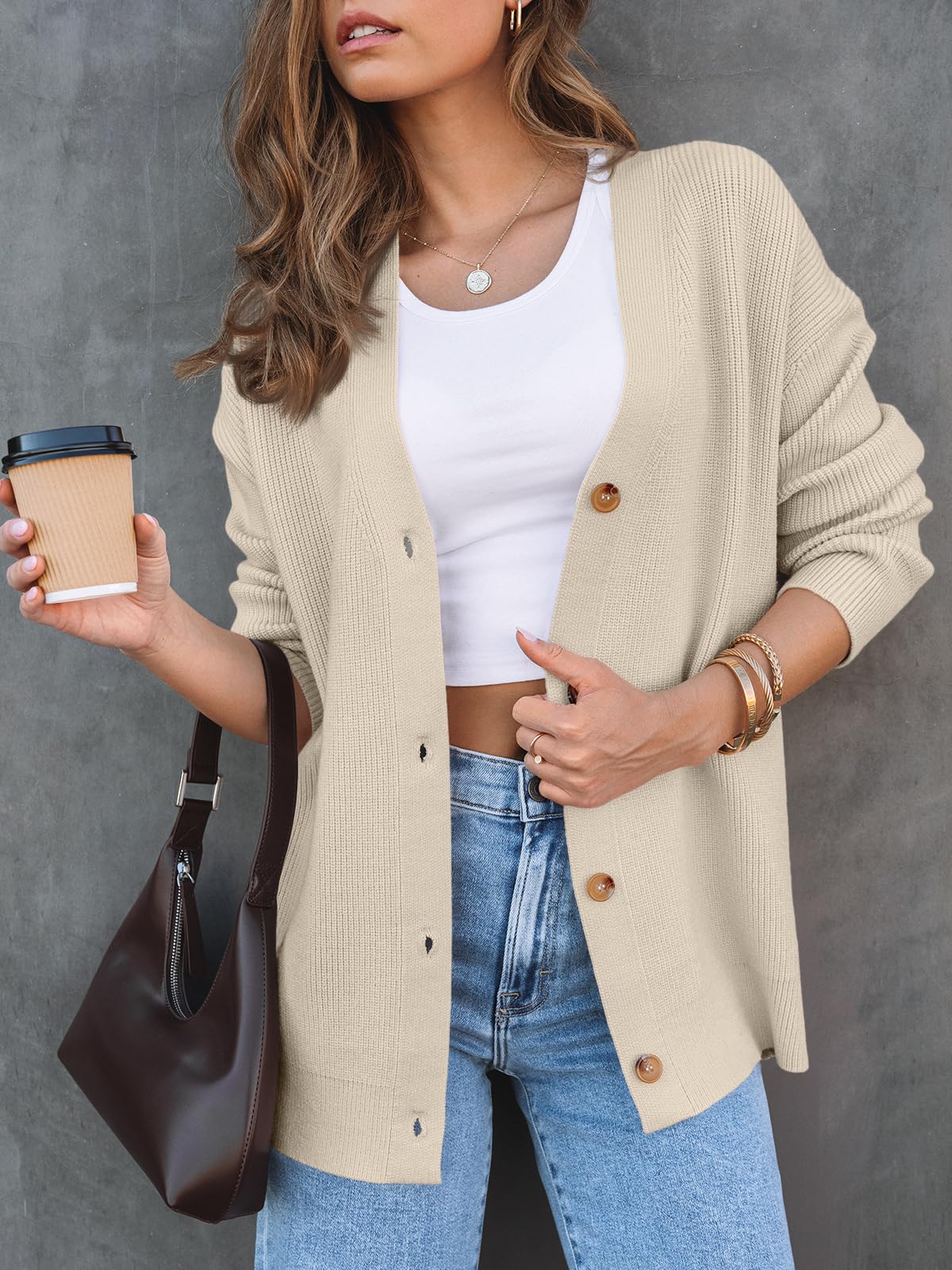 LILLUSORY Women Oversized Cardigan Sweater 2025 Fall Outfits Cloth Fashion V Neck Knit Button Front Casual Trendy Tops Apricot Medium