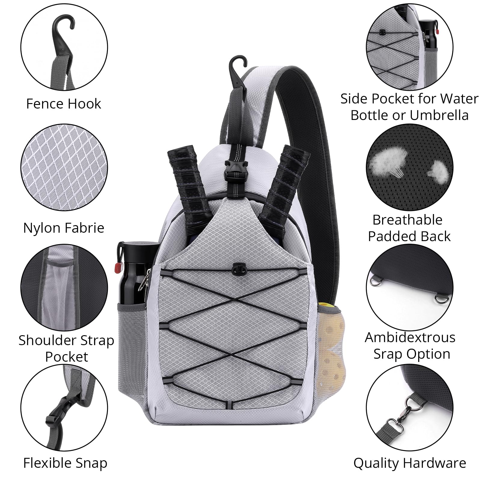 SPOENGRU Pickleball Bag Small Pickleball Bag for Women Men, Adjustable Pickleball Sling Bag with Fence Hook Water Bottle Holder for Pickleball Paddle Racket