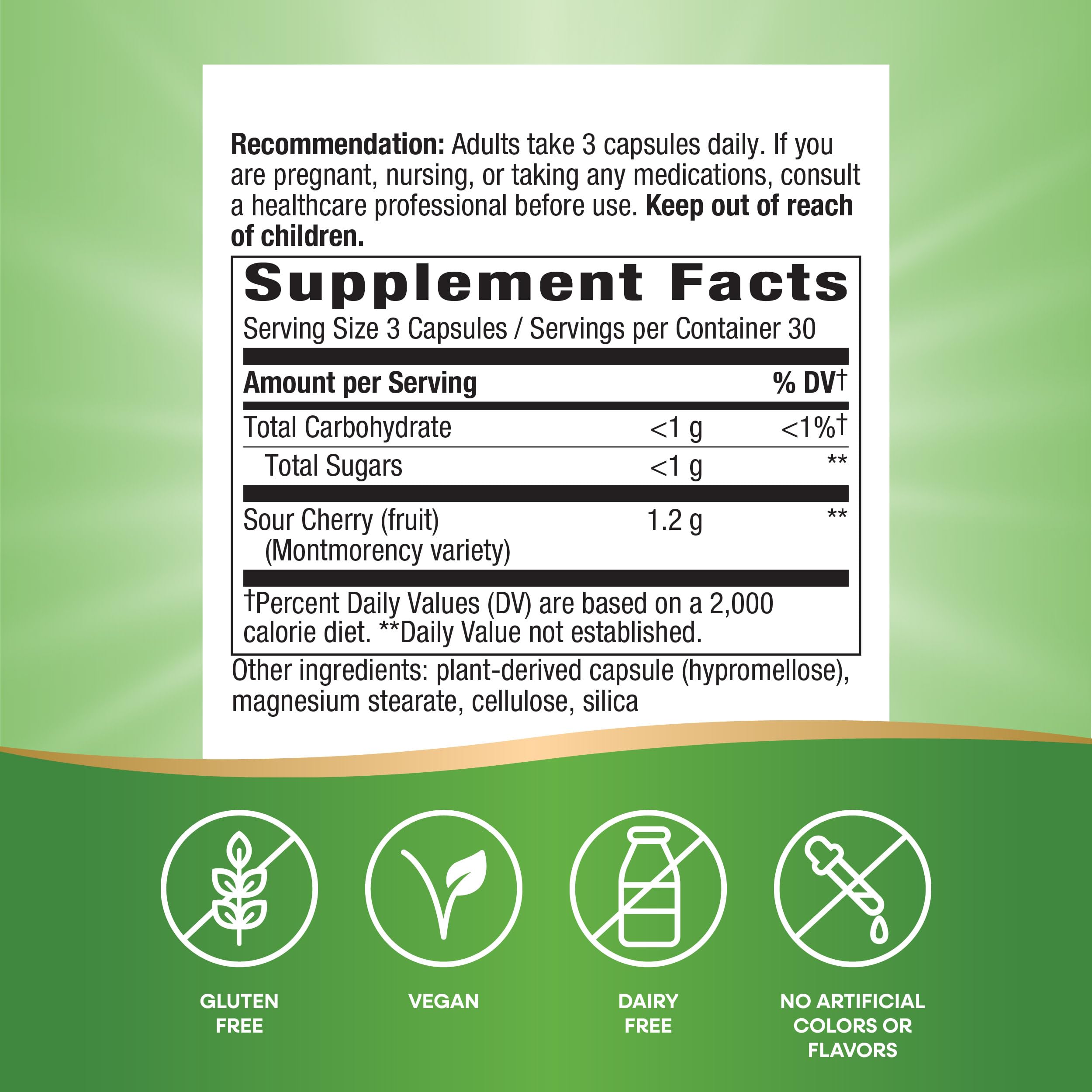 Nature's Way Tart Cherry Ultra Capsules, Montmorency Cherry, Anthocyanins for Antioxidant Support*, 1,200 mg per 3-capsule serving, 90 Vegan Capsules (Packaging May Vary)