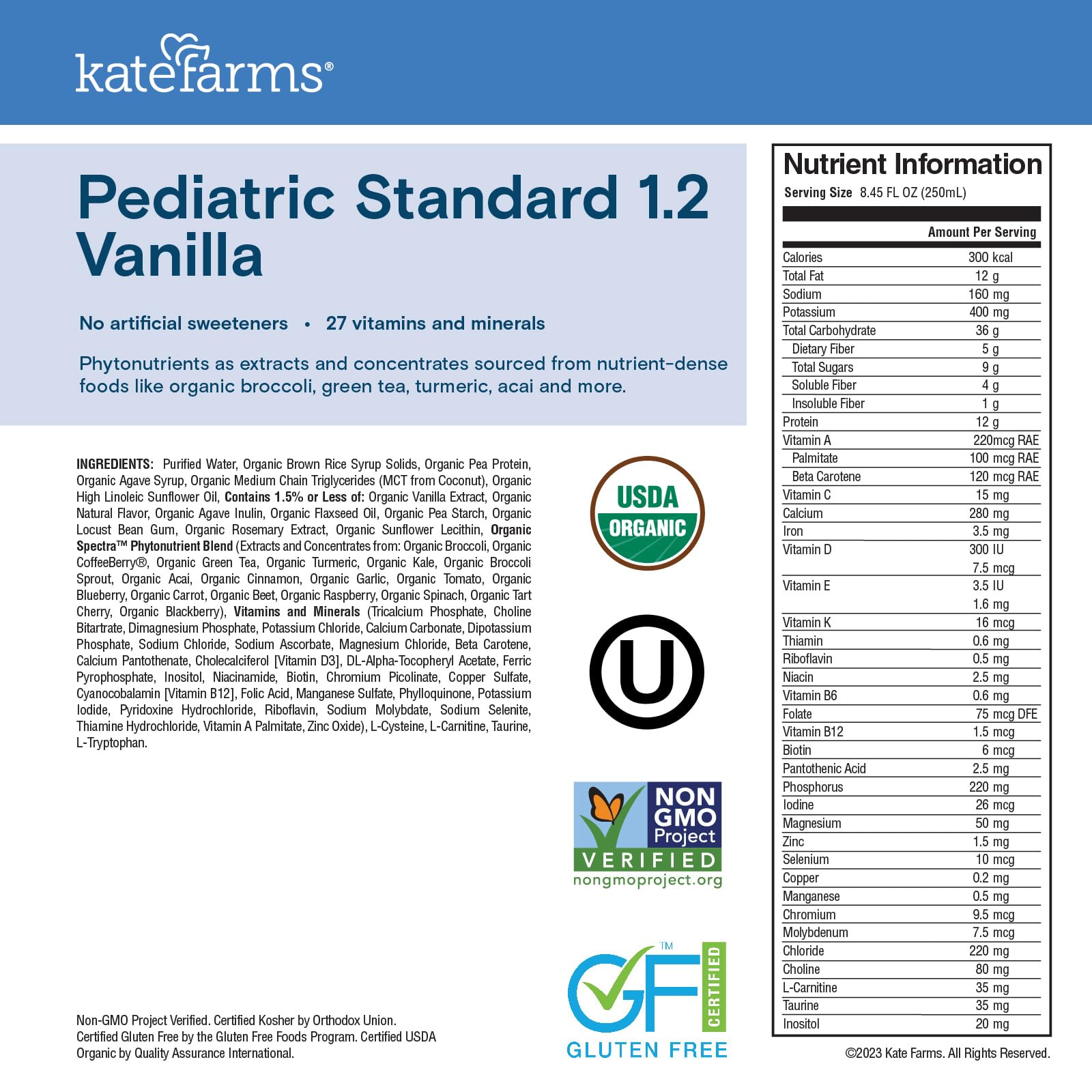 KATE FARMS Organic Pediatric 1.2 Sole-Source Vanilla Nutrition Shake, 12g protein, 27 Vitamins and Minerals, High Calorie Meal Replacement, Gluten Free, 8.45 oz (12 pack)