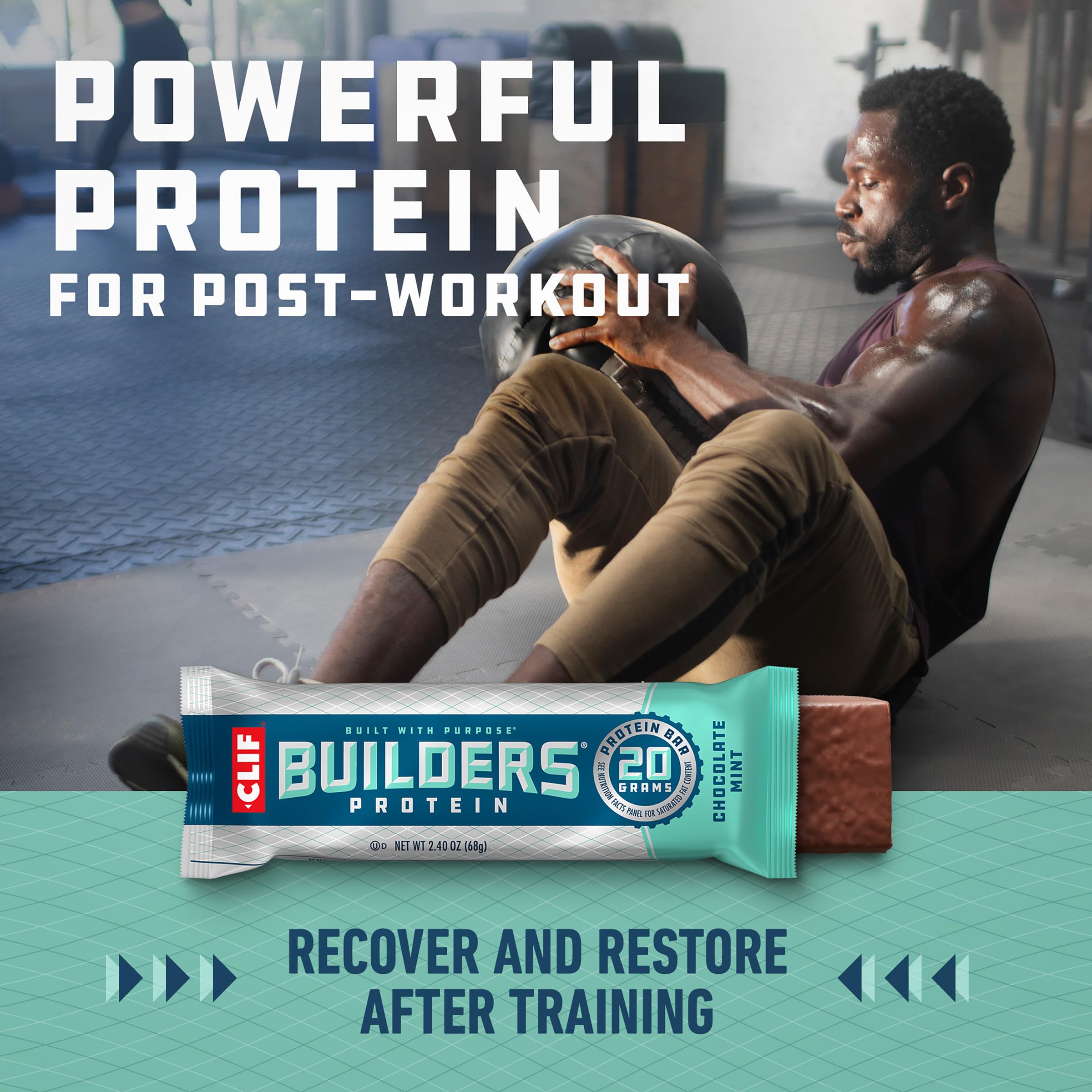 CLIF Builders - Chocolate Mint Flavor - Plant Based Protein Bars - Gluten Free - Non-GMO - Low Glycemic - 20g Protein - 2.4 oz. (6 Pack)