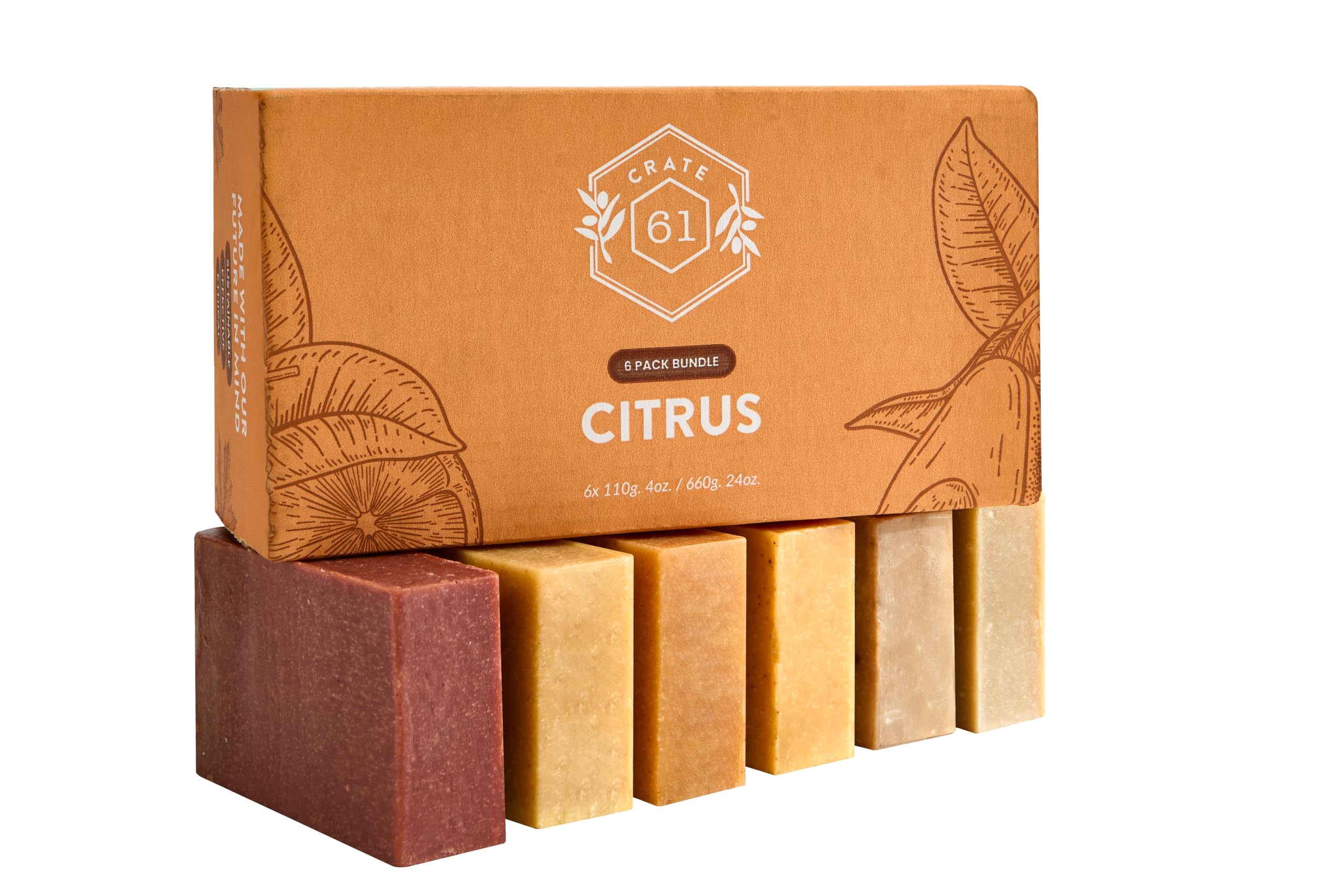 Crate 61, Handmade in Canada, Plant Based Cold Process Natural Bar Soap, With Premium Essential Oils, Dry Skin, Pack of 6 (Citrus)