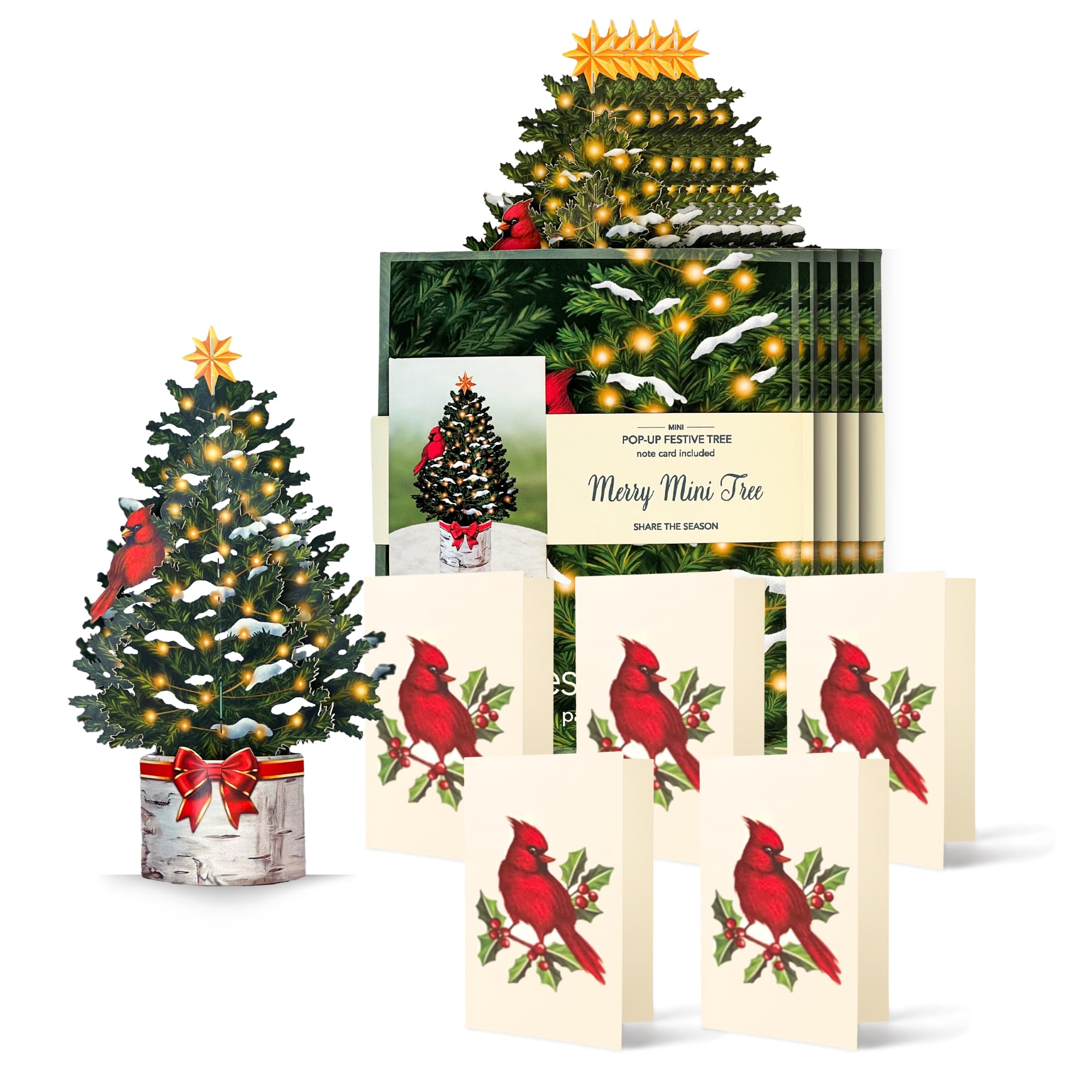 Freshcut Paper Pop Up Cards, Merry Mini Tree, 7 Inch Christmas Tree 3D Popup Greeting Cards, Christmas Cards, Holiday Gift Cards with Note Card & Envelope, Pack of 5