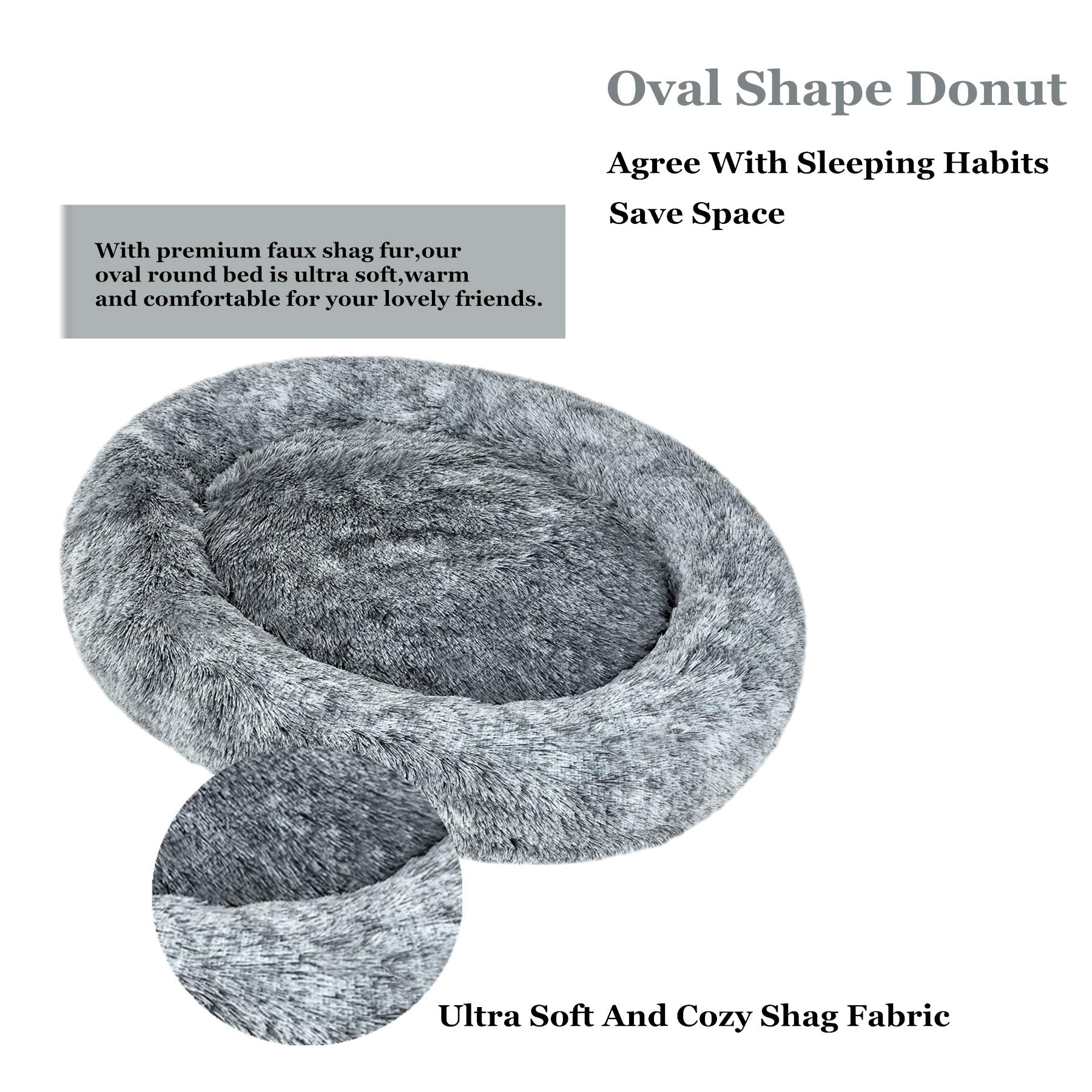 Coohom Oval Calming Donut Cuddler Dog Bed,Shag Faux Fur Cat Bed Washable Round Pillow Pet Bed(30"/36"/43") for Small Medium Dogs (XL(36"x27"x7"), Grey)