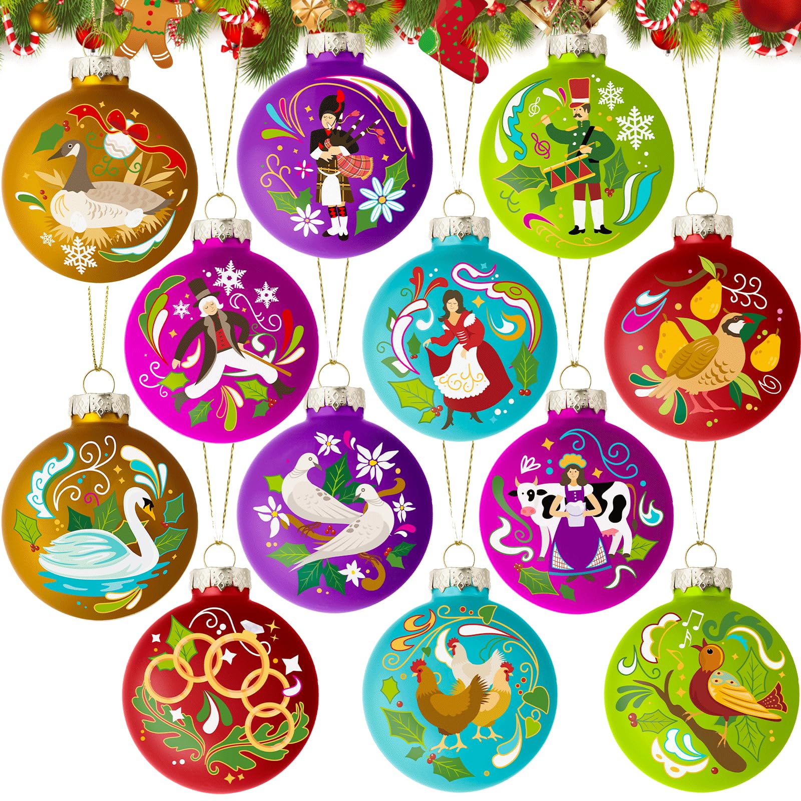 12 Days of Christmas Ornament Set Christmas Tree Decorations Glass Twelve Days of Christmas Ball Ornaments Xmas Tree Hanging Decor for Holiday Party Supplies Indoor Outdoor Decor 60mm