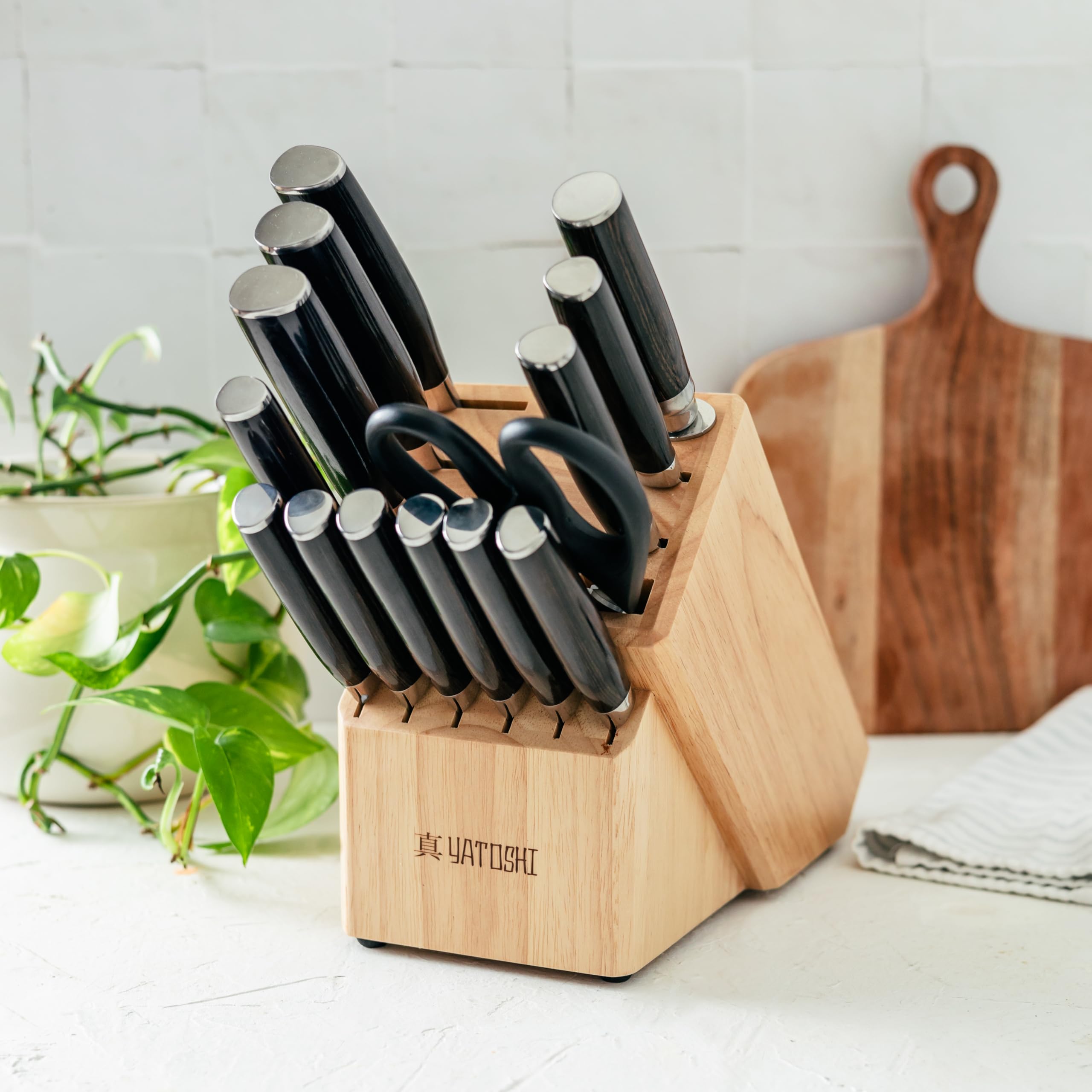 Yatoshi 15 Knife Block Set - Pro Kitchen Knife Set Ultra Sharp High Carbon Stainless Steel with Ergonomic Handle