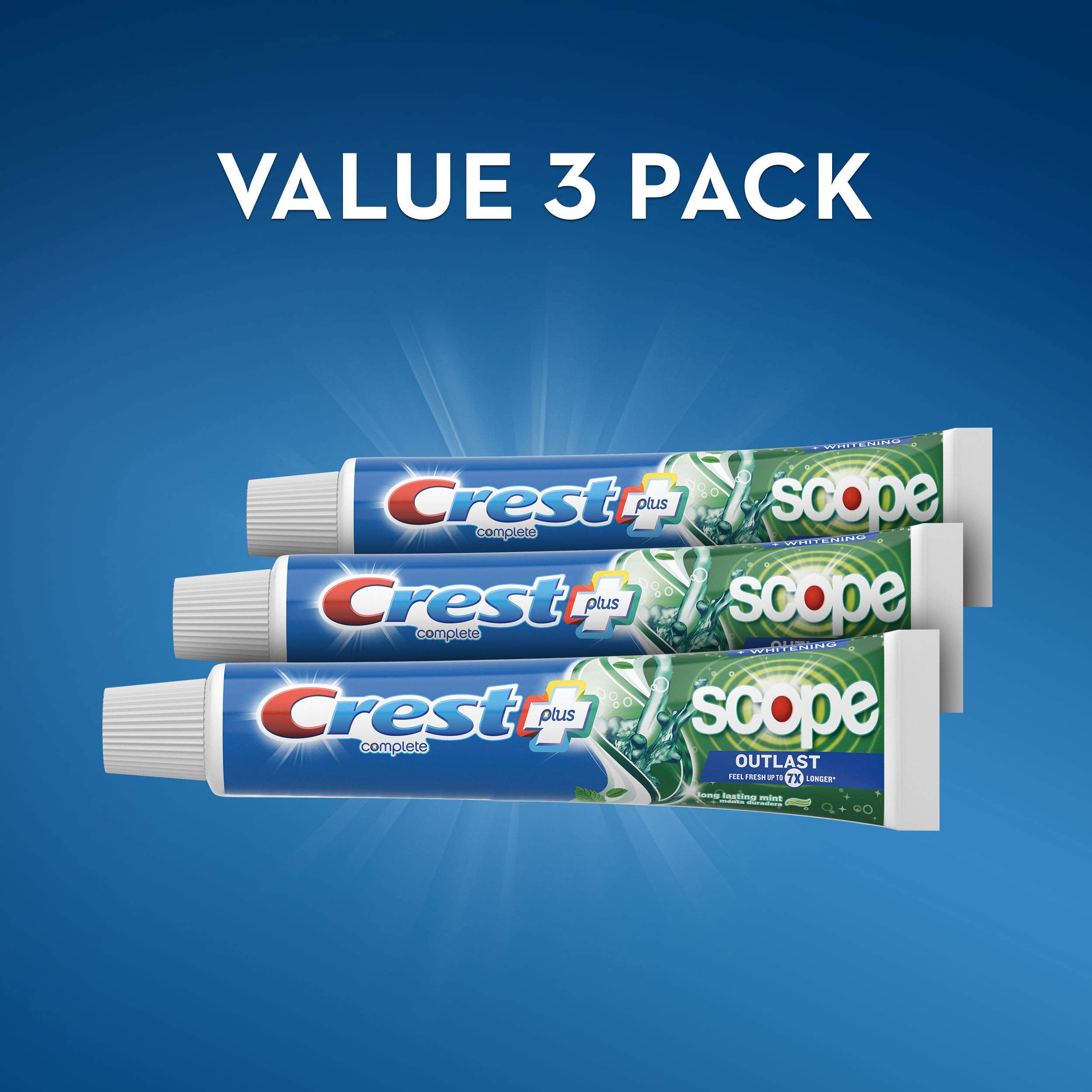 Crest Complete Whitening + Scope, Long Lasting Mint Toothpaste, Triple Pack (3 Count of 5.4 oz Tubes), 16.2 oz