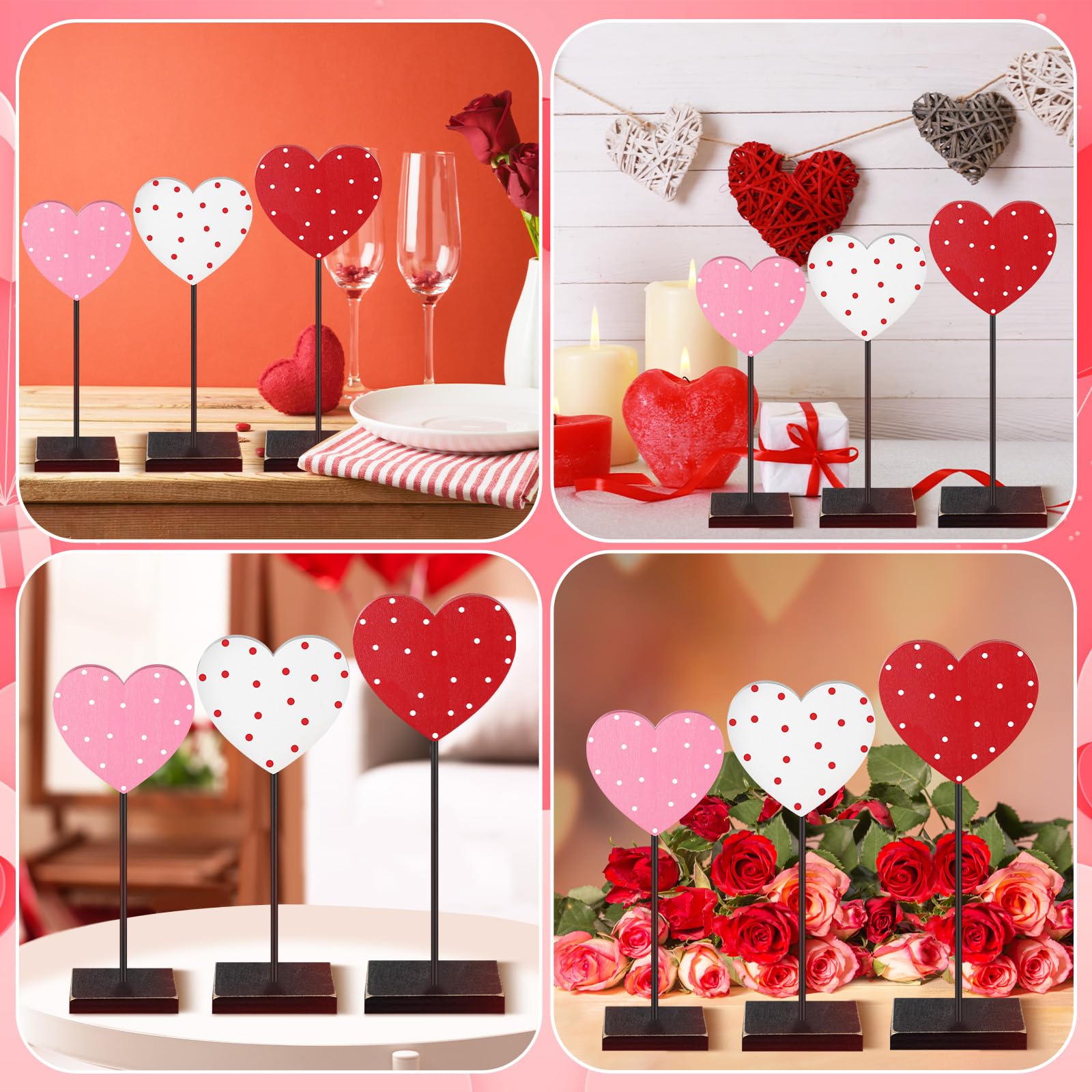 Spiareal 3 Pcs Valentine's Day Heart Wooden Sign Decor Heart Shape Tall Standing Table Sign Love Decor Valentine's Day Wooden Signs for Home Farmhouse Table Centerpiece Decoration (Romantic)