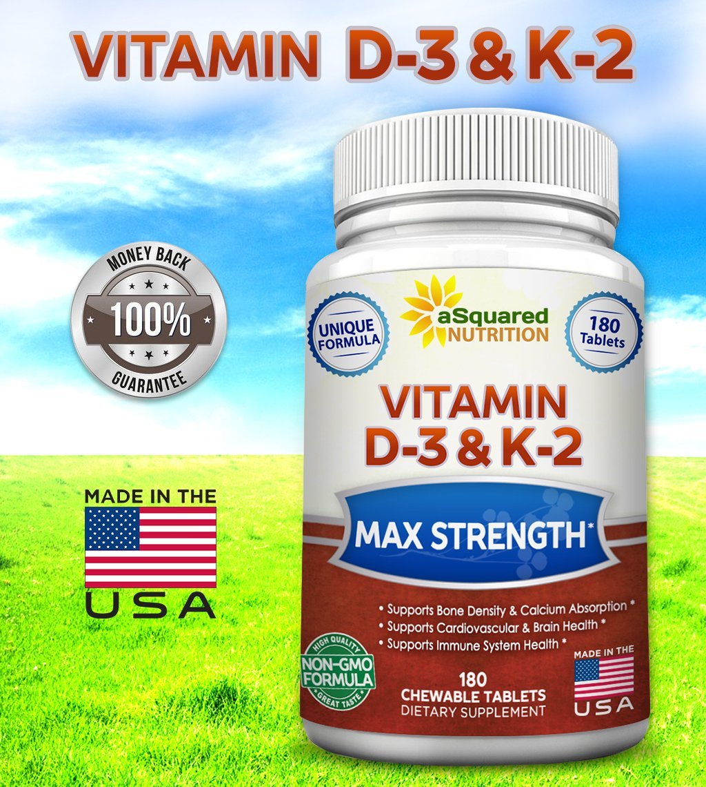 aSquared Nutrition Vitamin D3 with K2 Supplement-180 Chewable Tablets, Max Strength D-3 Cholecalciferol & K-2 MK7 to Support Healthy Bones, Teeth, Heart -Antioxidant D3 & K2 MK-7 Energy Formula Adults