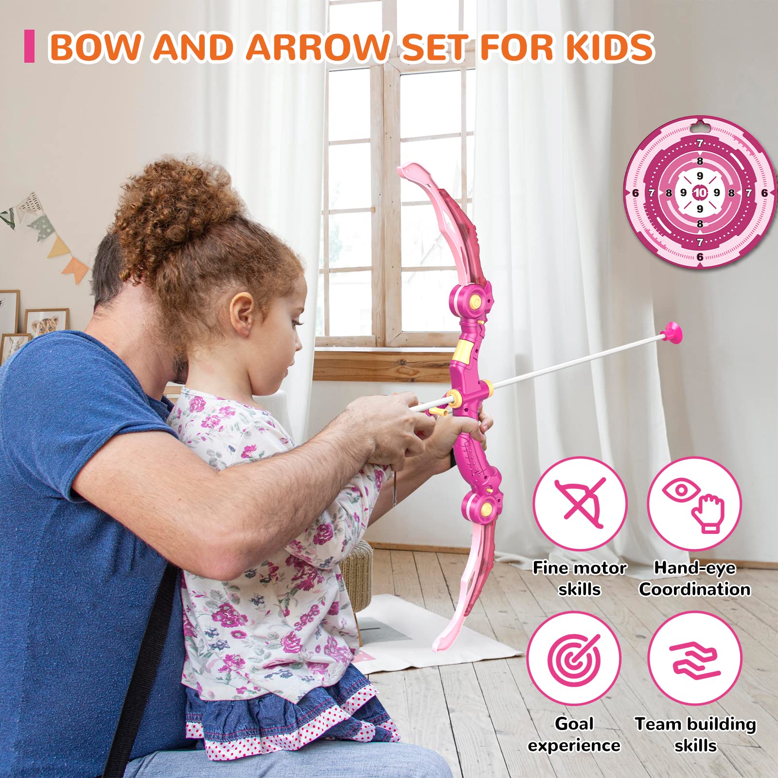 Bow and Arrow Toys with LED Light Up Archery, Birthday Gift for Girls 5 6 7 8 9 10 11 12 Year Old, Christmas Indoor Outdoor Activity Toy for Kids Girls Ages 6-8, 10 Suction Cup Arrows, Target, Quiver