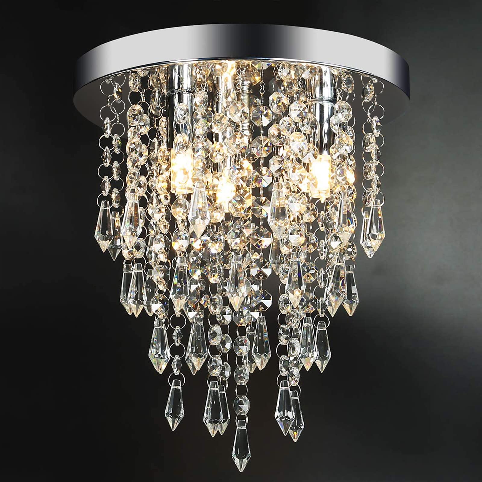 3 Lights Mini Crystal Flushmount Chandelier Fixture, H10.4 X W9.8, Elegant Modern Flush Mount Ceiling Light/ Lamp for Bedroom, Hallway, Bar, Living Room, Dining Room, Chrome(G9 Base)