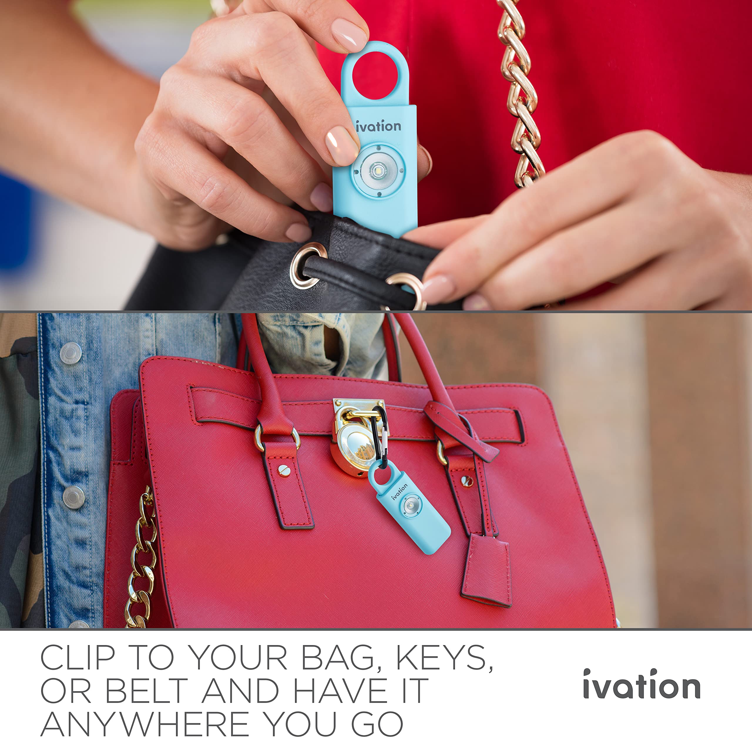 Ivation Personal SOS Alarm Keychain | Self-Defense Safety Siren & LED Panic Strobe Light with Carabiner Clip for Women, Children & Seniors | Pocket Size, Loud 125 dB Sound, Air Travel Friendly