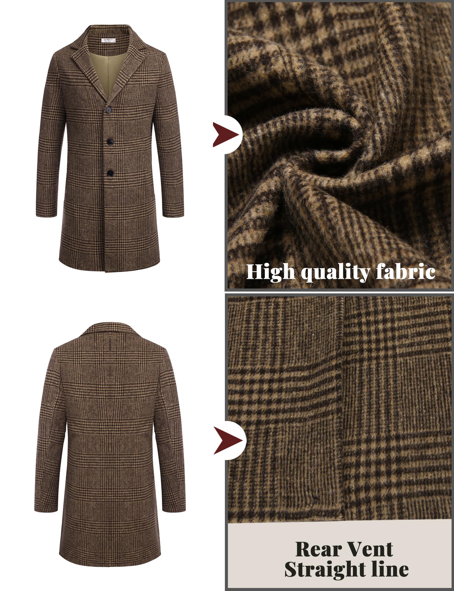 COOFANDY Men's Coat Plaid Coat Big And Tall Men's Winter Coats Men's Top Coat Notch Lapel Brown Coat Men Brown Plaid L