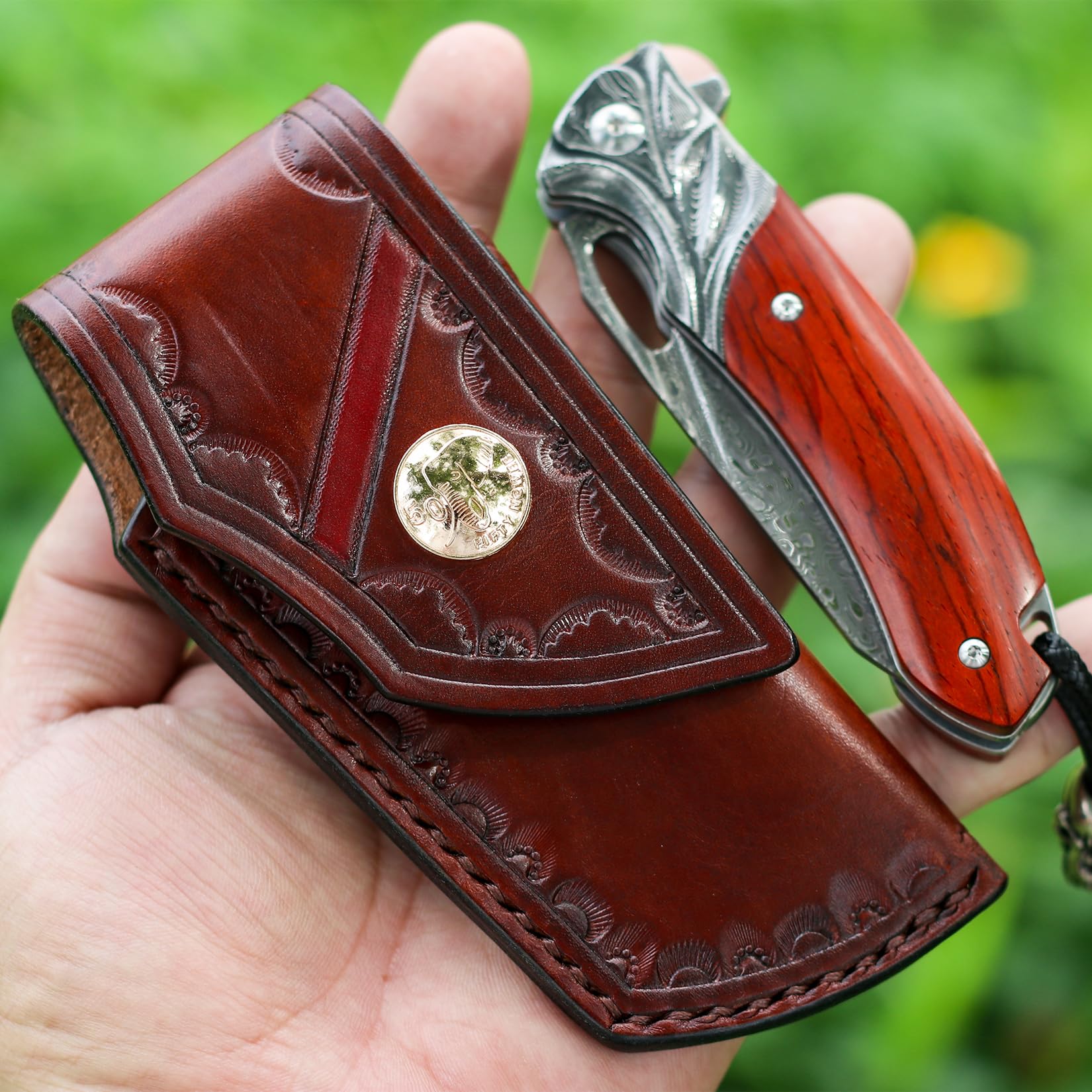 VNLA Exquisite Praxis Handmade Japan Damascus steel folding Pocket Knife, VG10 Blade Folding knife,With Handmade Leather sheath,Pocket clip.RoseWood Handle.