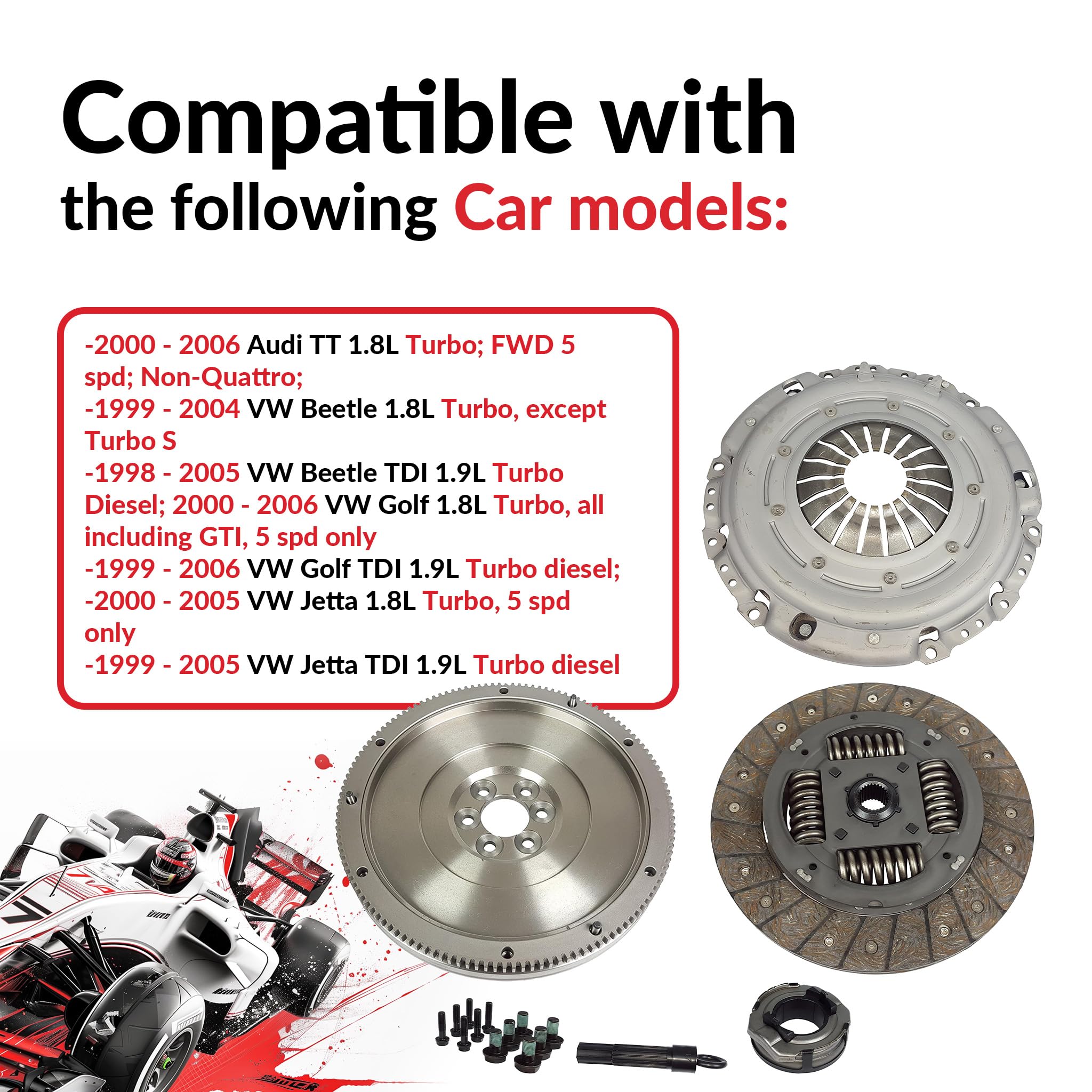 Clutch Kit Compatible With TT Golf Beetle Jetta Gls Glx Gti Tdi Base Gl Sportline Sport 1998-2006 1.8L l4 GAS DOHC 1.9L L4 DIESEL SOHC Turbocharged (FWD; 5 speed only; 17-059SMF)