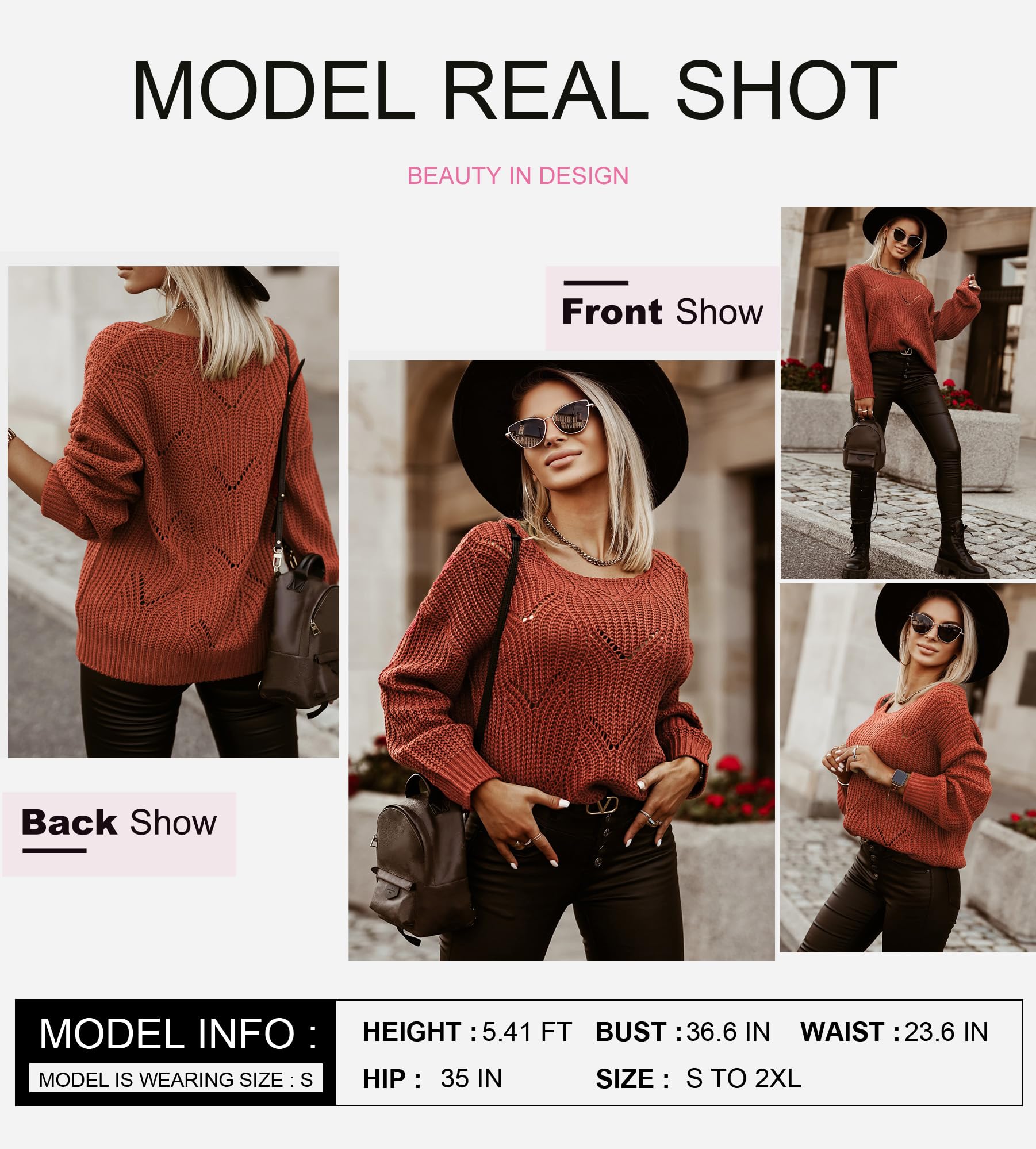 Dokotoo Womens Elegant Crewneck Fall Sweaters for Women Long Sleeve Solid Hollow Out Fashion Casual Loose Plain Chunky Knitted Pullovers Sweaters for Women Jumper Outerwear Red Large