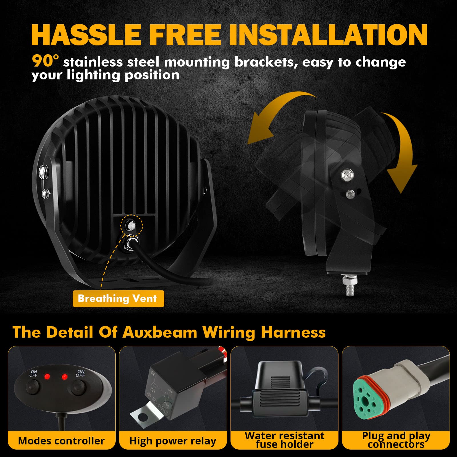 Auxbeam Round LED Offroad Lights, 7 Inch 240W Spot Driving Light Pods with DRL 24000LM Super Bright Off Road Ditch Work Light Bar with DT Wiring Harness for Wrangler Ford Chevy Truck SUV