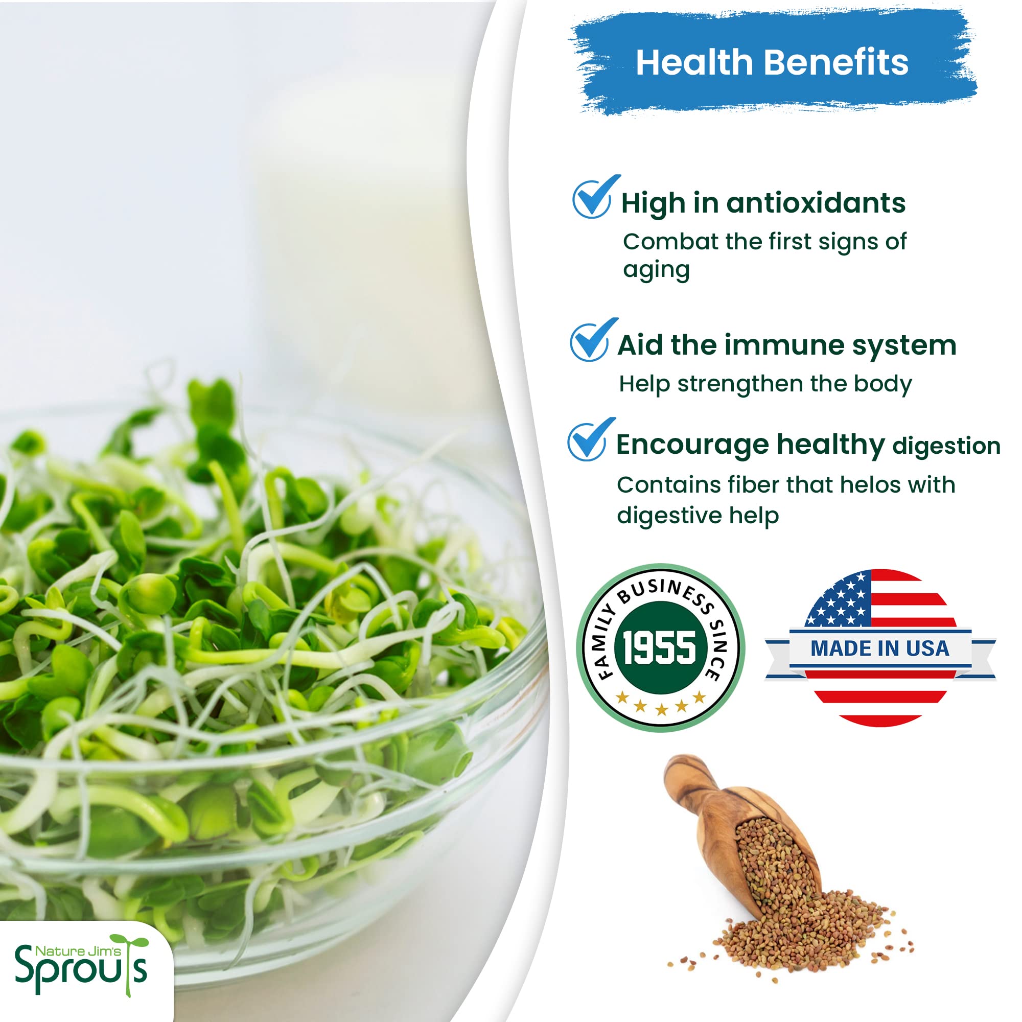 Nature Jims Sprouts Alfalfa Seeds – Non-GMO Organic Sprout Growing Kit for Planting – Premium Resealable Bag for Fresh Homegrown Sprouting Seeds – Rich in Nutrients, Vitamins, Fiber & Minerals – 16oz