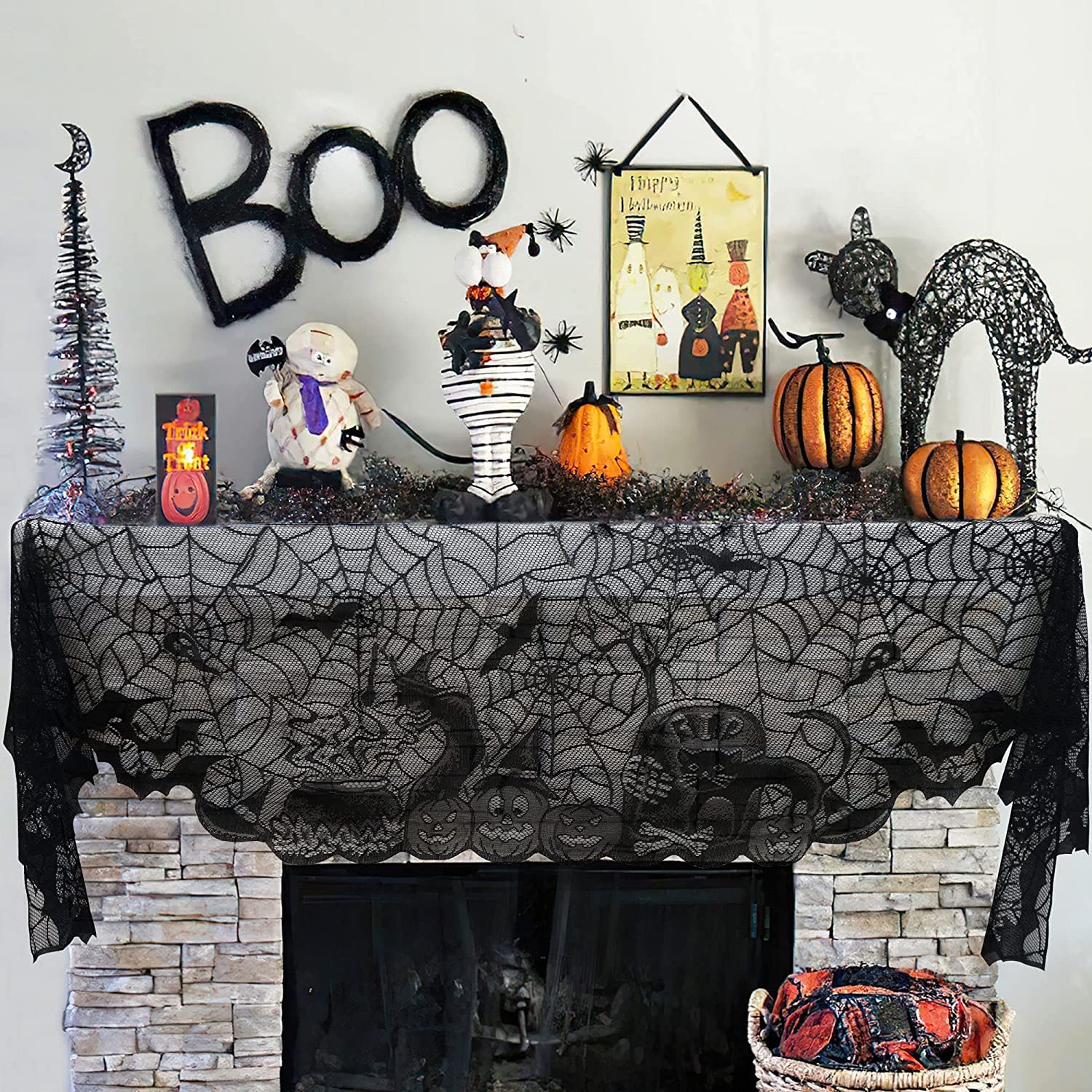 HIPIHOM 7Pcs Halloween Lace Tablecloth Set Spiderweb Fireplace Mantle Scarf Round Table Runner Placemats for Halloween Party Supply
