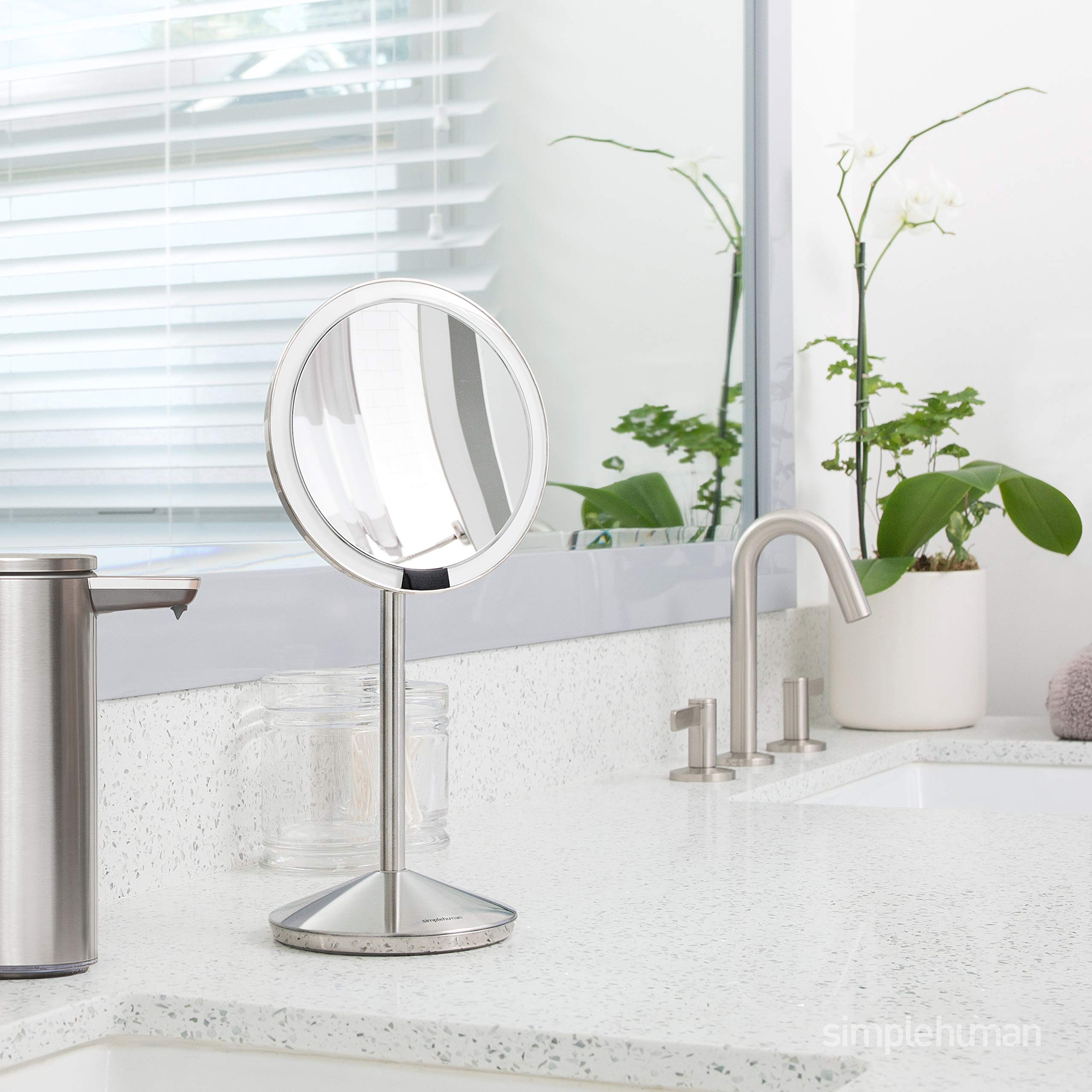 simplehuman Sensor Mirror, 5" Round Rechargeable Mini Travel Makeup Mirror, 10x Magnification, Brushed Stainless Steel