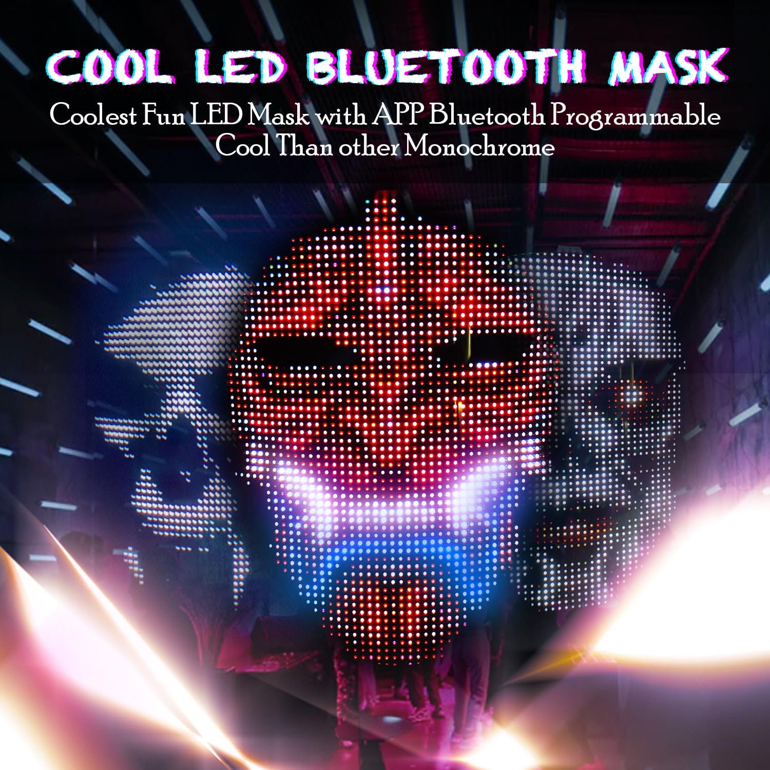 MEGOO Led Mask with Bluetooth Programmable App,Shining Led Light Up Face Mask for Adult Kid Halloween Masquerade Party (Battery)