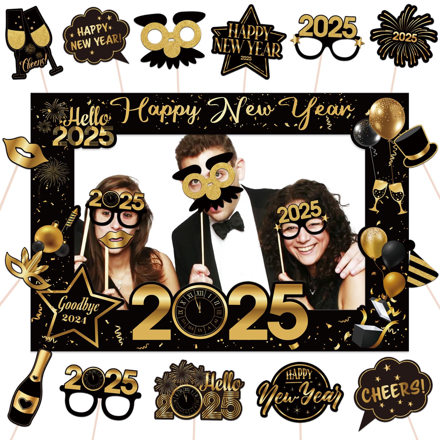 New Years Eve Party Supplies 2025 New Years Eve Photo Booth Props Set, 15Pcs Happy New Years Photo Booth Props, Happy New Years Photo Booth Frame for New Years Decorations New Years Eve Party Supplies