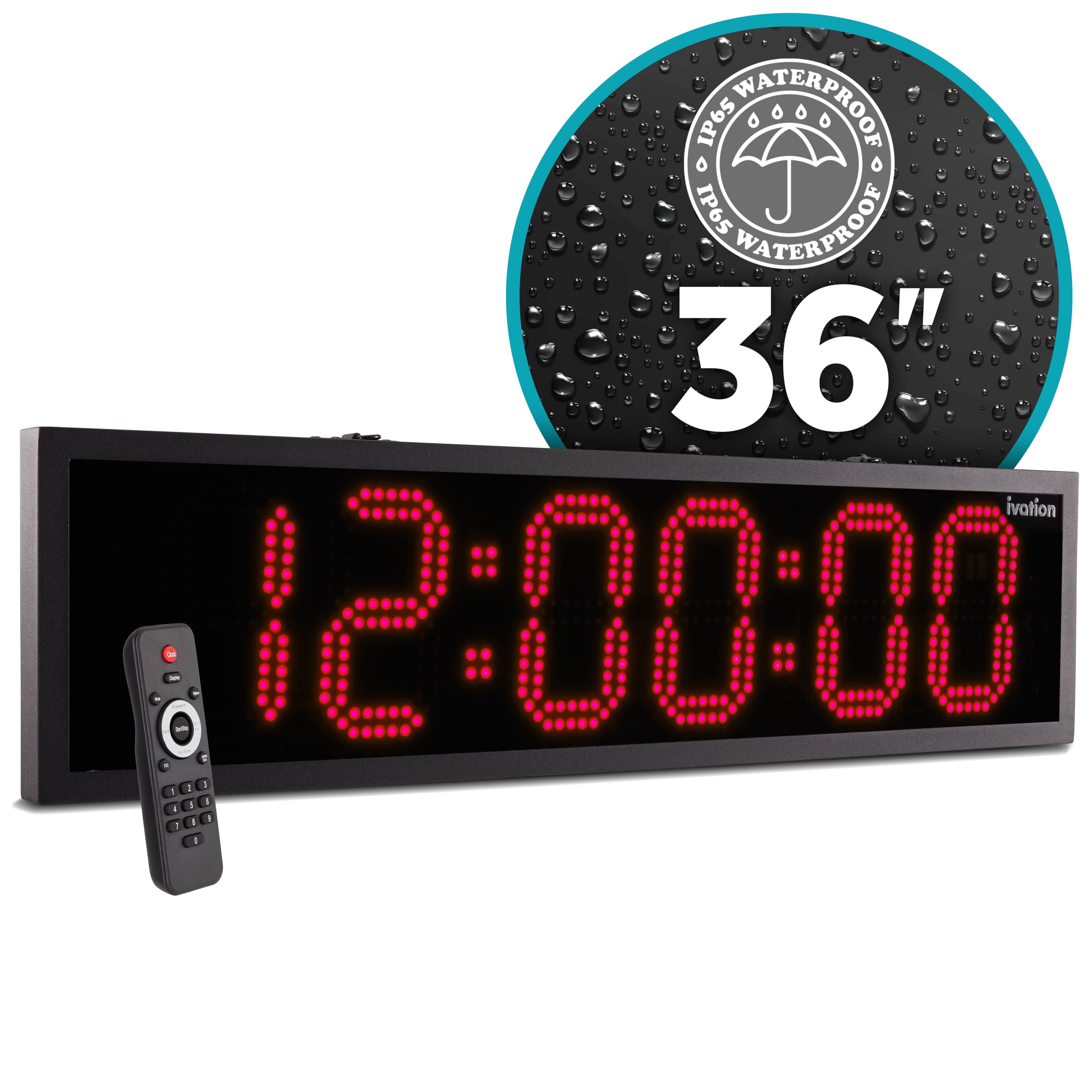 Ivation Oversized 36" Outdoor Waterproof Digital Clock, Auto Time Sync - LED Digital Clock with Large Multi Function Display - Stopwatch, Timer, Alarms, Temp & Date - Wall or Chain Mount (Red)