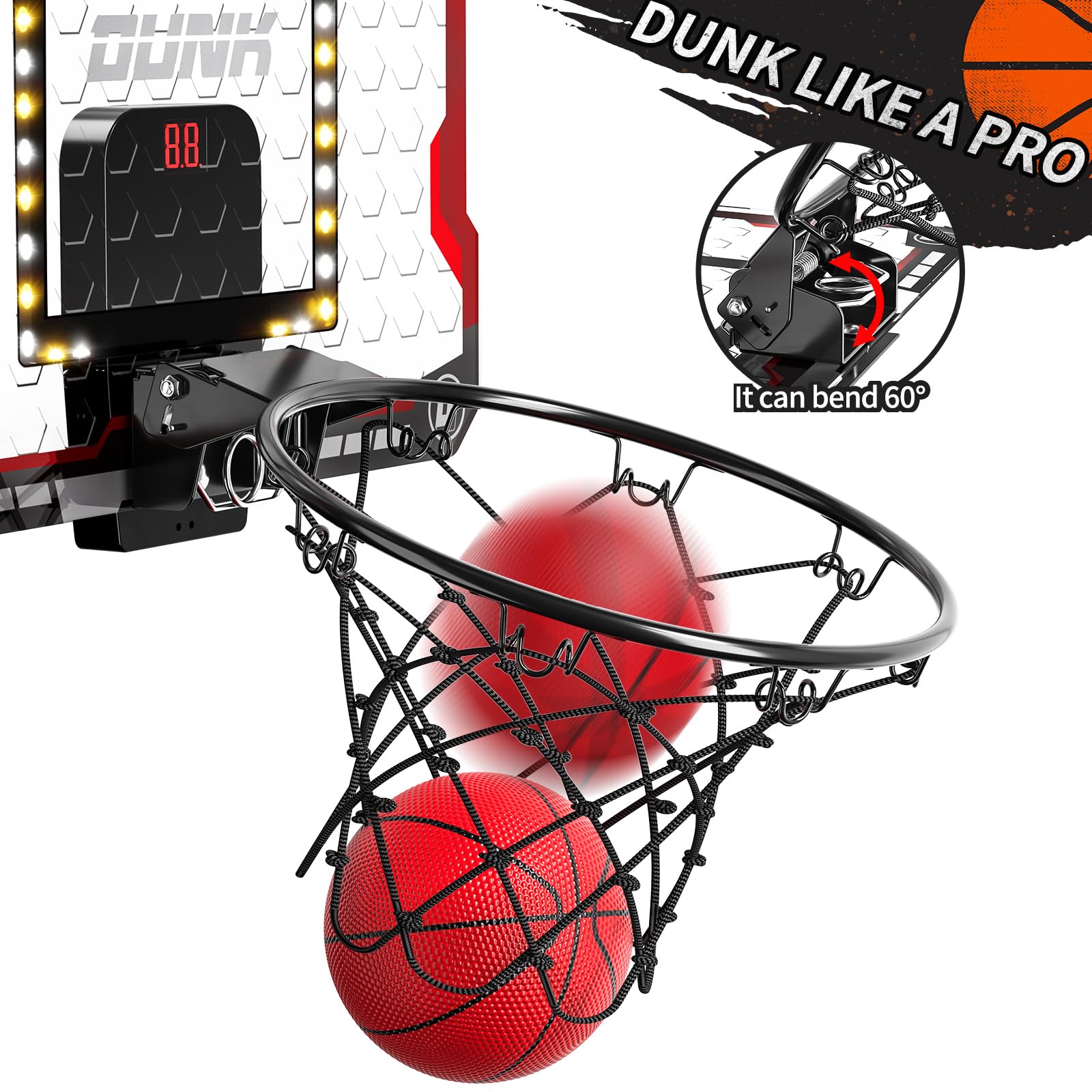 TEMI Basketball Hoop Indoor, LED Light Mini Basketball Hoop with 4 Balls & Electronic Scoreboard, Over The Door Basketball Hoop, Basketball Gifts for 5 6 7 8 9 10 11 12 Year Old Boys Girls Kids Teen