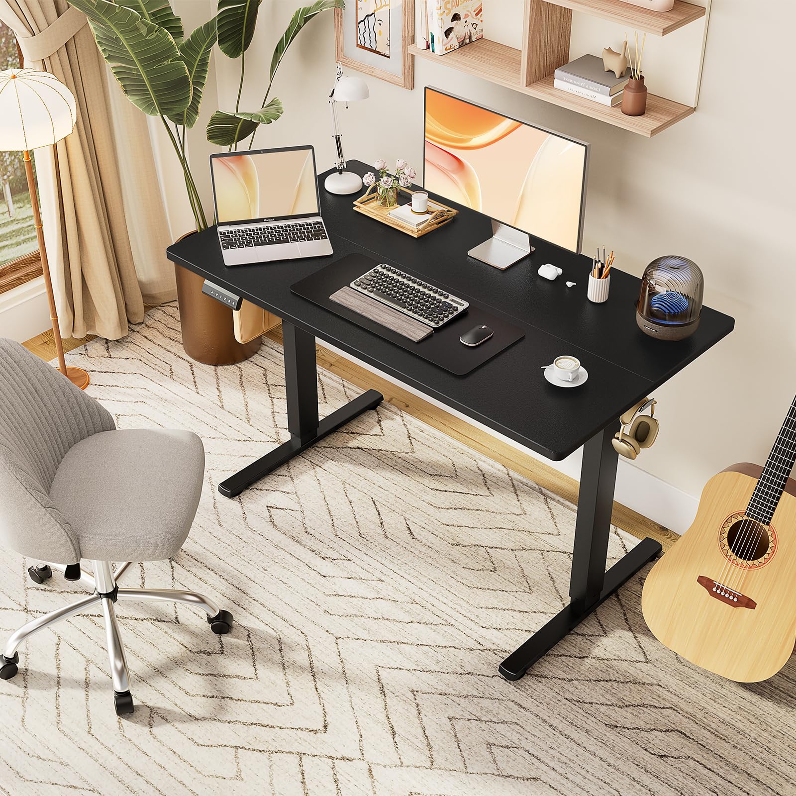 Sweetcrispy Standing Desk Adjustable Height, 55inch Electric Sit Stand up Desk for Home Office, Modern Rising Work Table for Computer Laptop, Gaming Desk Ergonomic Workstation, Black