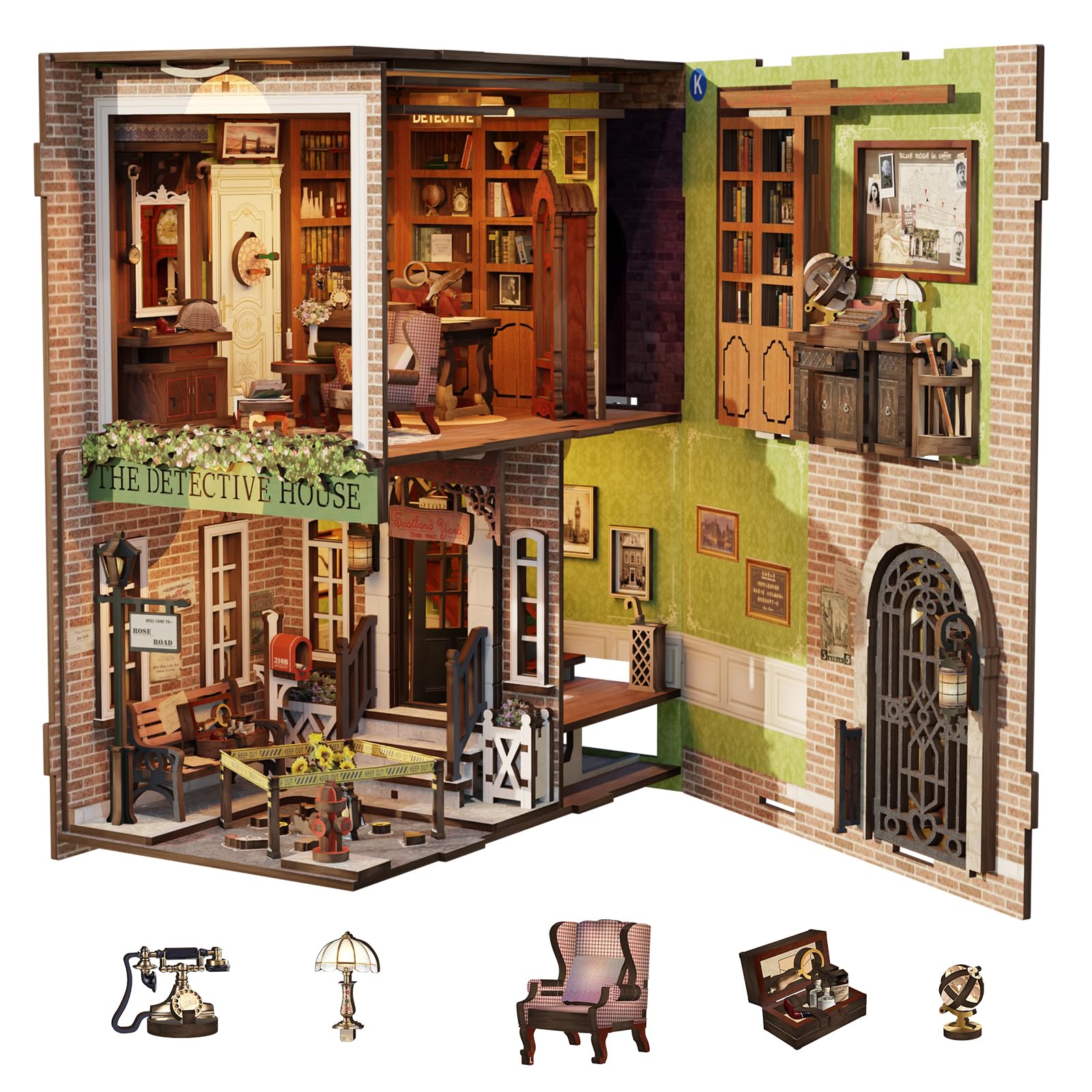 CUTEBEE DIY Book Nook Kit with Dust Cover, Bookshelf Insert DIY Miniature Kit Booknook Bookend Stand Bookcase Model Build Creativity Kit Decor Alley with LED Light (Rose Detective Agency)