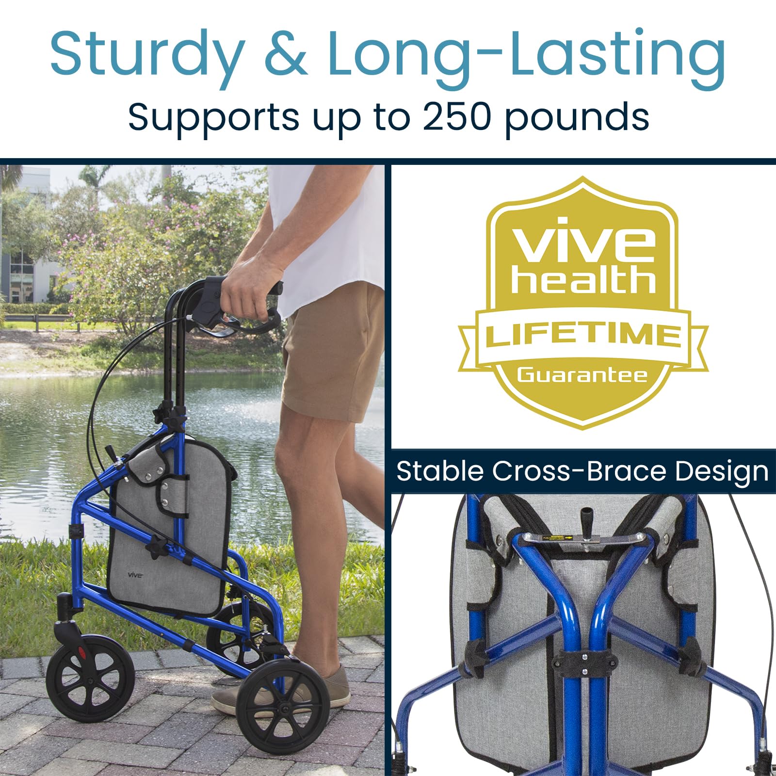 Vive Mobility 3 Wheel Walker - Three Wheeled Rollator for Seniors - Lightweight, Foldable, Narrow, Heavy Duty - for Elderly Men Women - Folding 3-Wheel Tri Scooter with Basket Bag