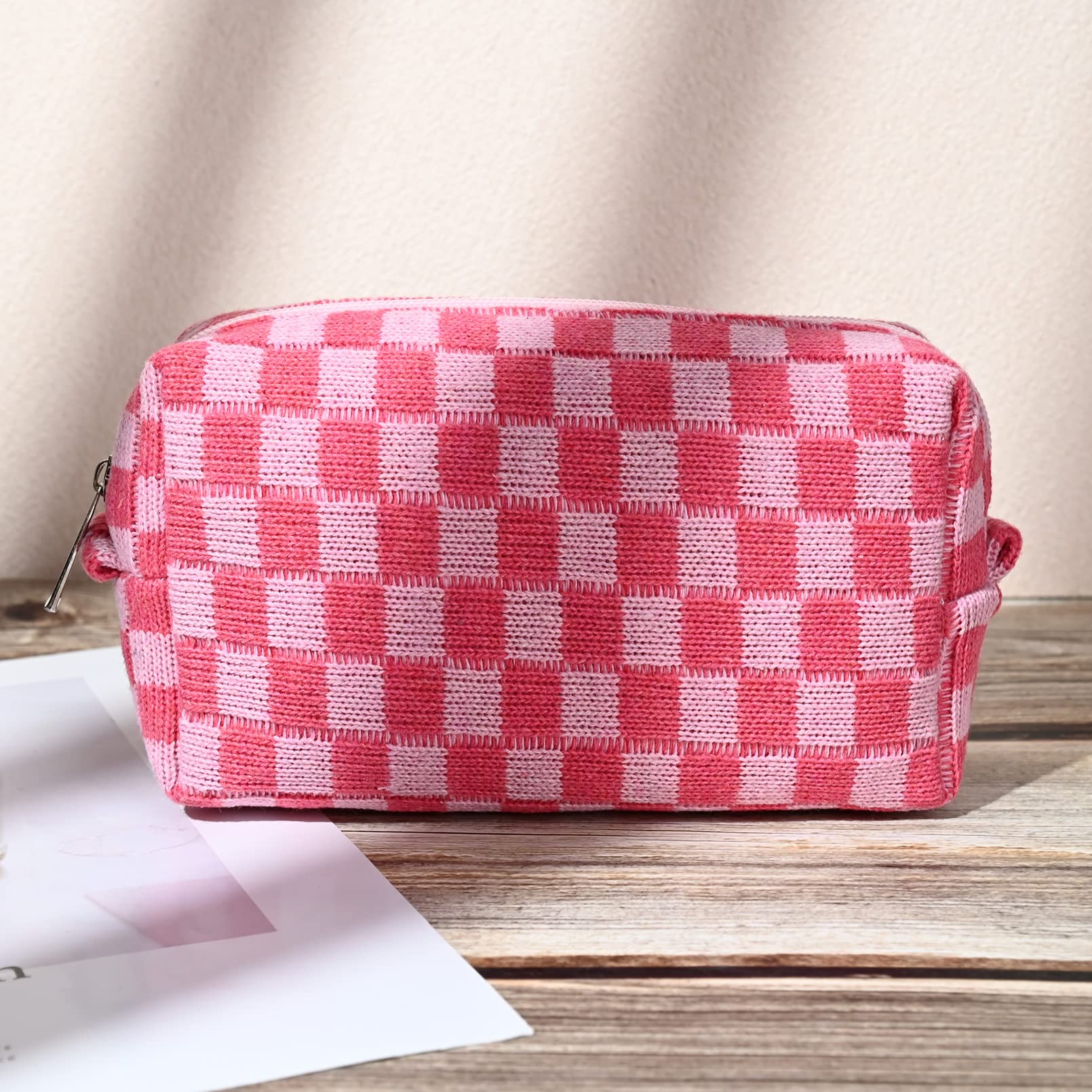 SOIDRAM 2 Pieces Makeup Bag Large Checkered Cosmetic Bag Capacity Canvas Mix Travel Toiletry Bag Organizer Cute Makeup Brushes Aesthetic Accessories Storage Bag for Women, Checkered Mix Rose Red