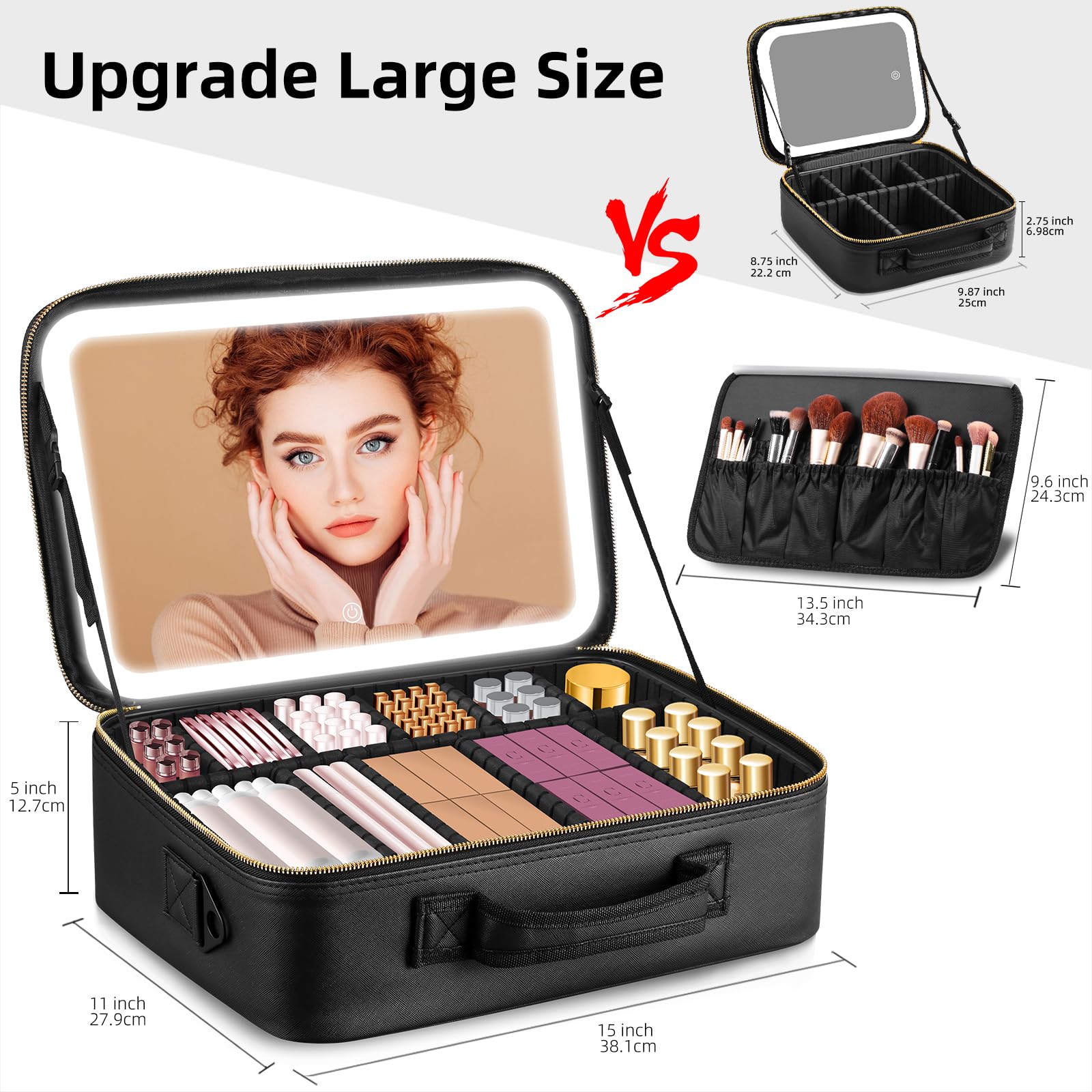 Upgraded Large Travel Makeup Bag with LED Mirror, 15” Professional Makeup Case with 3 Color Modes Dimming Lighted Mirror, Light up Cosmetic Make up Organizer with PU Leather Cover, Adjustable Dividers