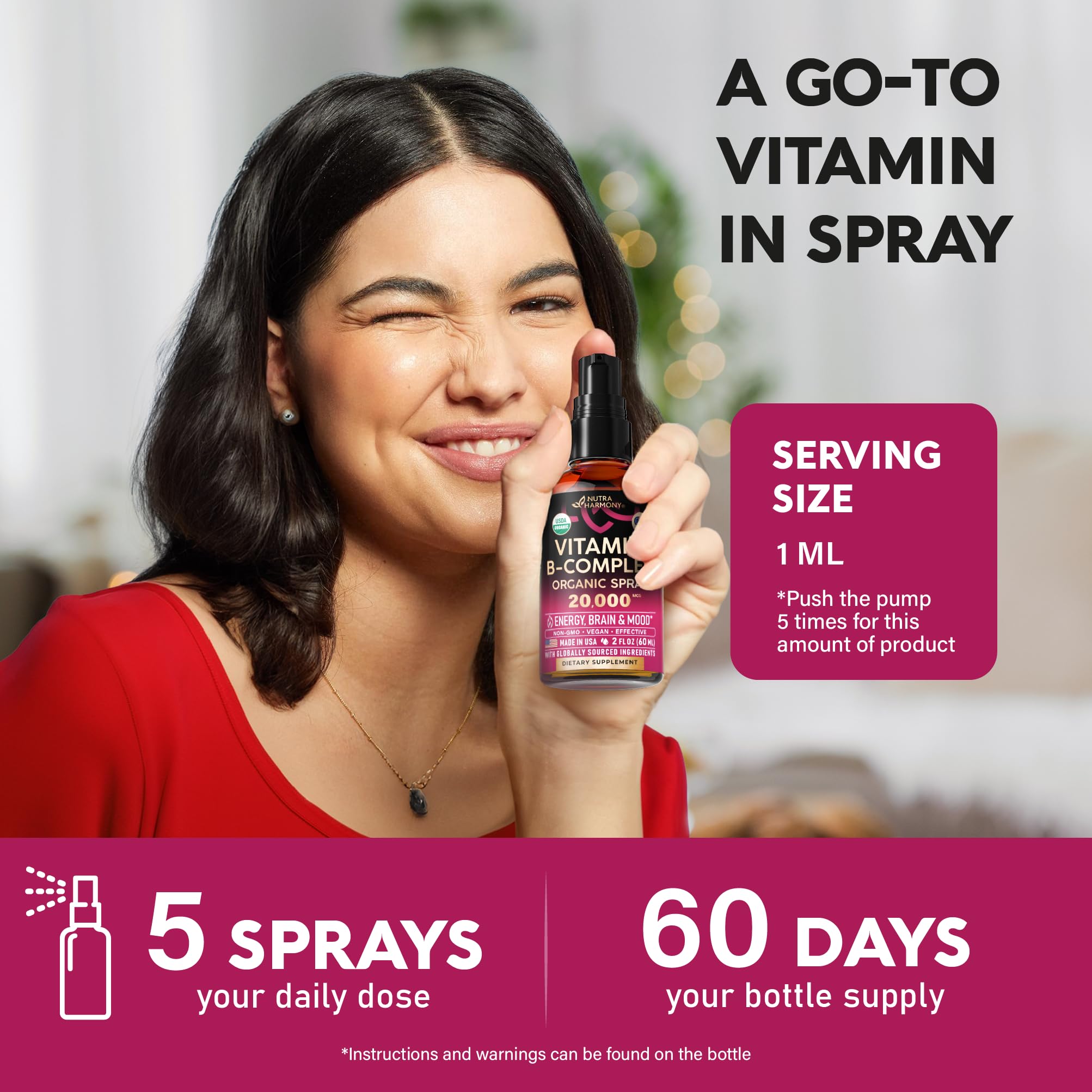 USDA Organic Vitamin B-Complex Liquid Spray 8-in-1 - B5 Pantothenic Acid | B12 Methylcobalamin | B1 Thiamine | B6 Pyridoxine | B7 Biotin | B9 Folic | B3 Niacinamide - Made in USA Supplement, 2fl oz