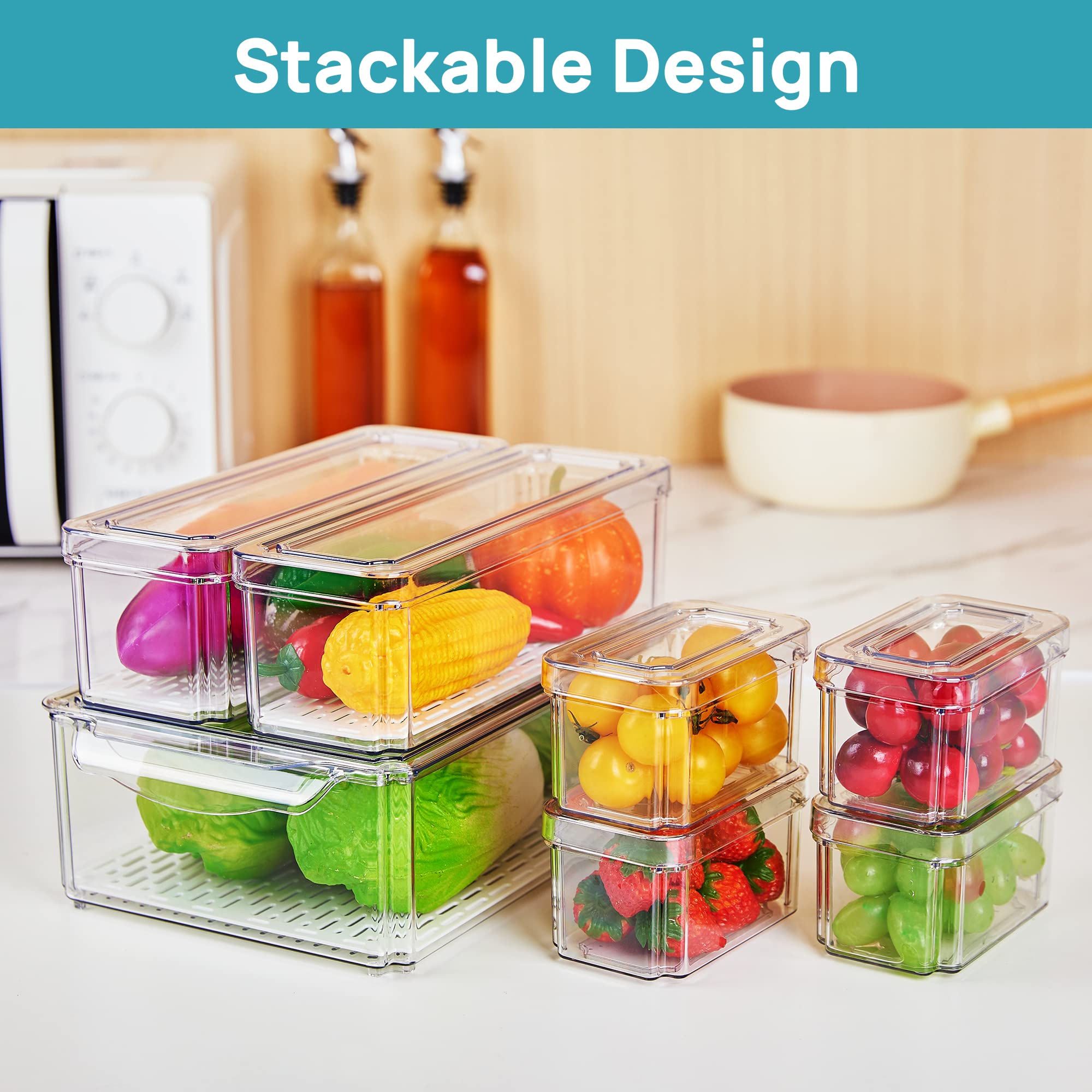 Vtopmart Set of 7 Fridge Organizer, Stackable Fruit Storage Containers for Fridge with lids, BPA-Free Refrigerator Organizer Bins with Drain Tray for Vegetables, Fruits, Food, Drinks