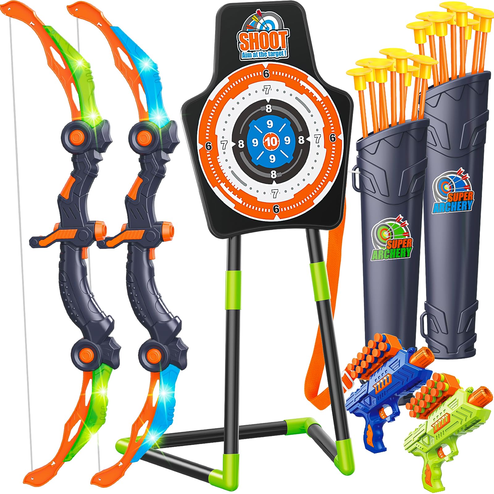 Bow and Arrow for 5 6 7 8 9 10 11+ Year Old Boys, Birthday Gift for Kids, Indoor Outdoor Activity Toys, 2 Pack LED Light Up Archery Toy with 20 Suction Cup Arrows, Standing Target, 2 Quiver