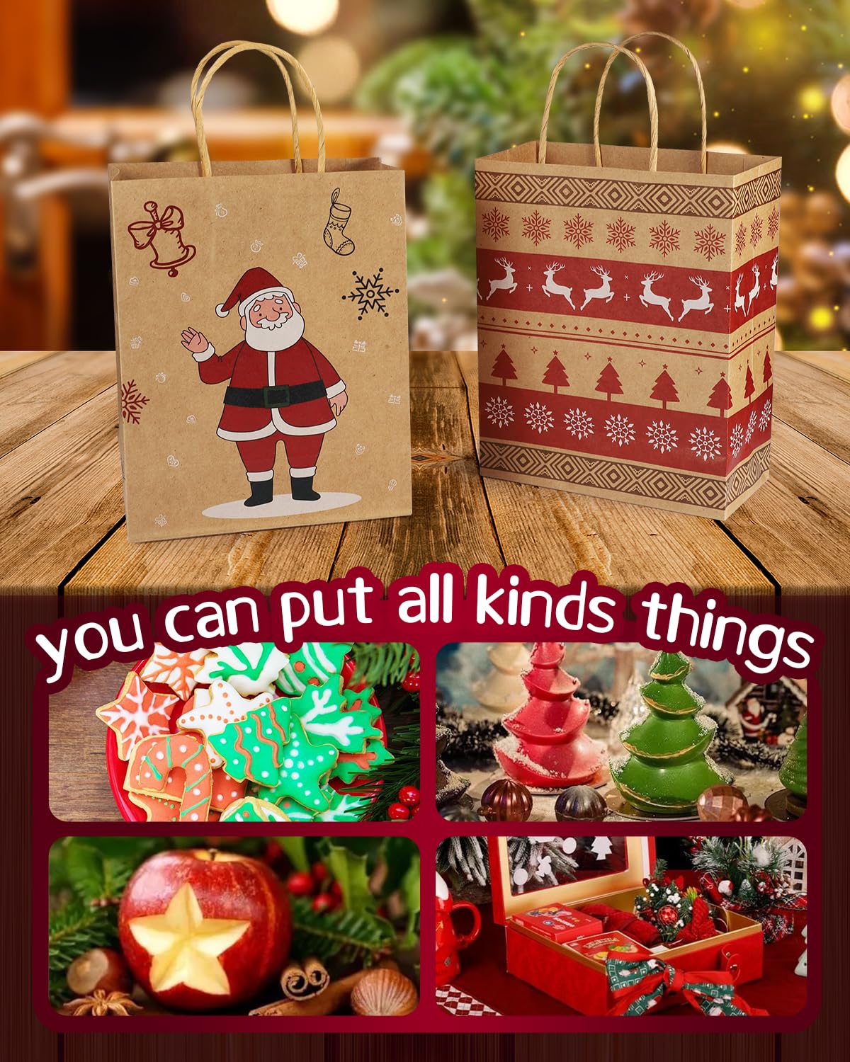 Mjokoj 24 Pack Christmas Gift Bags, 6 Designs Christmas Kraft Paper Bags, 8.85x7.08x3.5 Inches with Handles Xmas Gift Bags, Suitable for Holiday Kraft Paper Gift Bags, Reusable Christmas Gift Bags