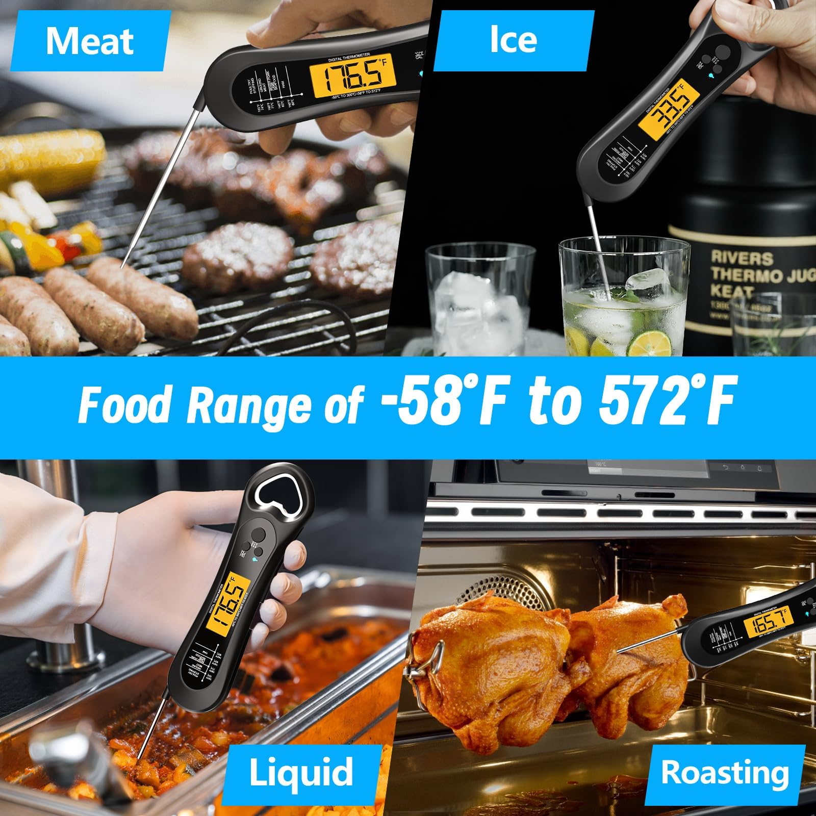 Biison Meat Thermometer Digital, Instant Read Meat Thermometer for Grill and Cooking, IP66 Waterproof Food Thermometer for Kitchen and Outside, BBQ, Turkey, Candy, Liquids, Beef