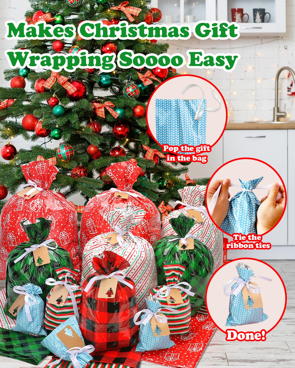 Christmas Gift Bags Assorted Sizes, 34PCS Christmas Bags For Gifts, Small/Medium/Large/Extra Large Christmas Gift Bags with Ribbon Ties, Holiday Xmas Santa Plastic Reusable Wrapping Gift Bag Bulk