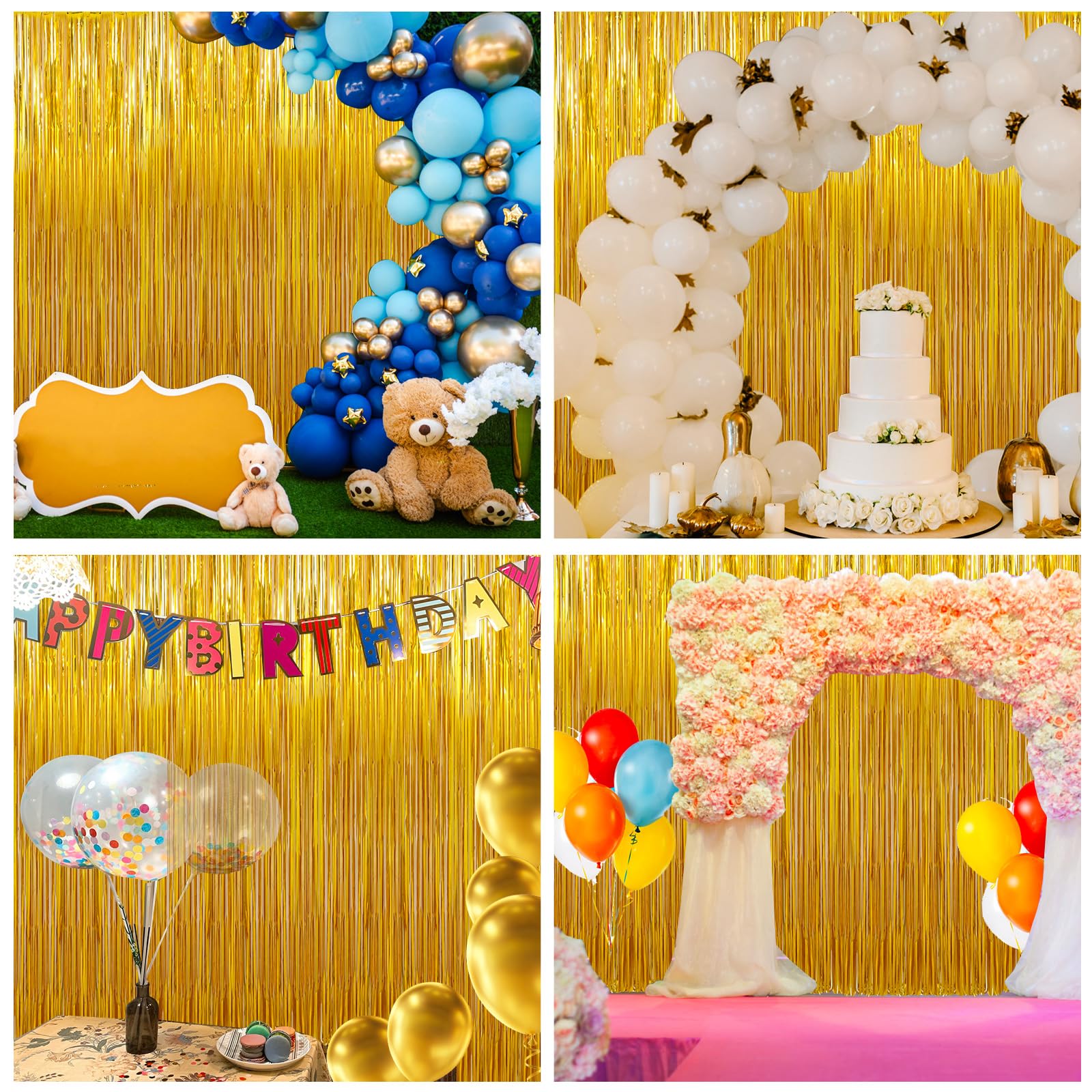 Birthday Party Decorations: 3 Pack 3.3 x 9.9 ft Gold Foil Fringe Curtains Party Supplies, Tinsel Curtain Backdrop for Parties/Birthday/Photo Booth