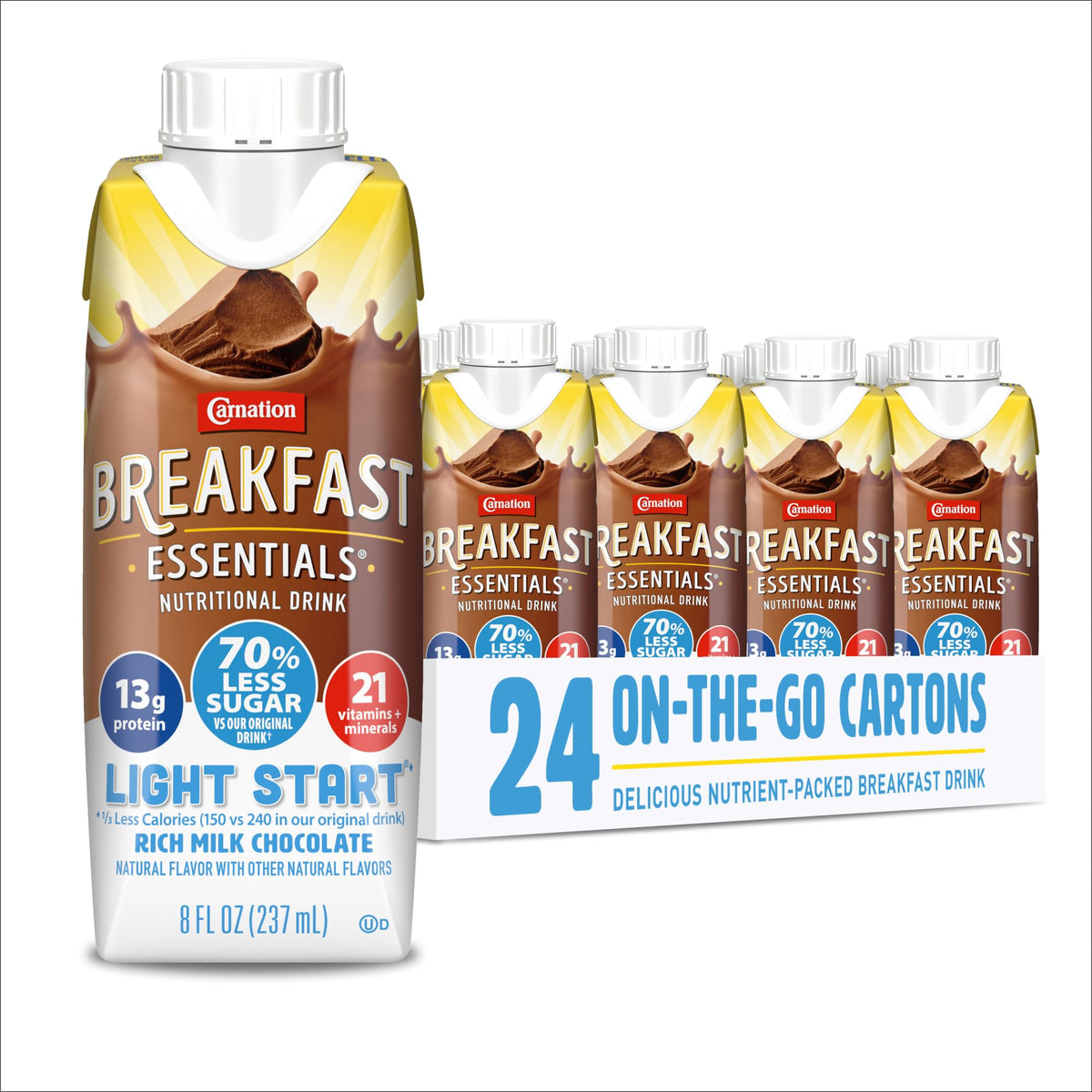Carnation Breakfast Essentials Light Start Nutritional Drink, 13g Protein Ready-to-Drink, 70% Less Sugar, Immune Support, Vitamins, Gluten Free, Chocolate, 8 FL OZ Carton (24 Pack)