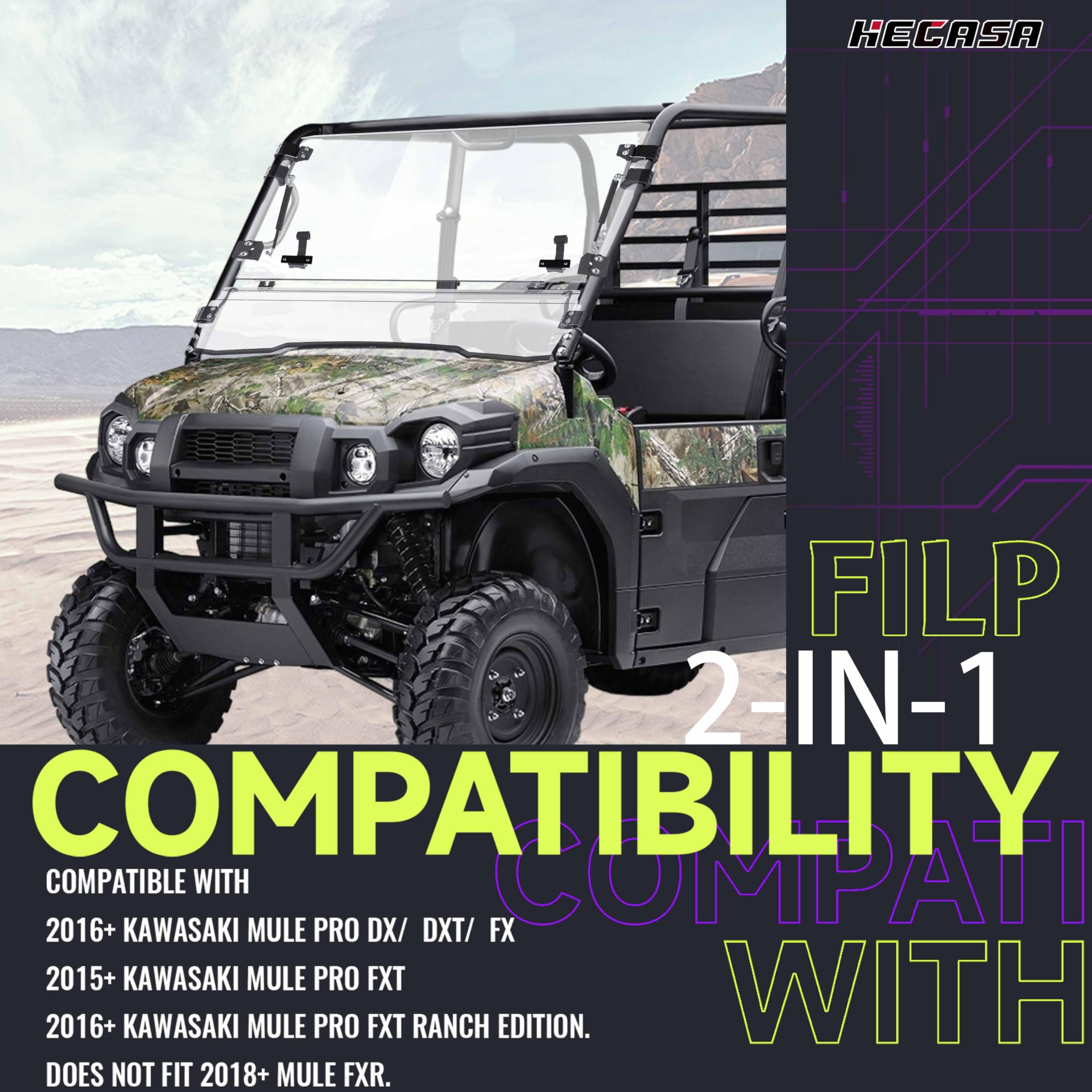 HECASA 2-IN-1 Folding Windshield Compatible with 2015+ Kawasaki Mule Pro FXT/DXT/DX/FX Clear Flip Windscreen Gas Spring Included Heavy Duty Scratch Resistance