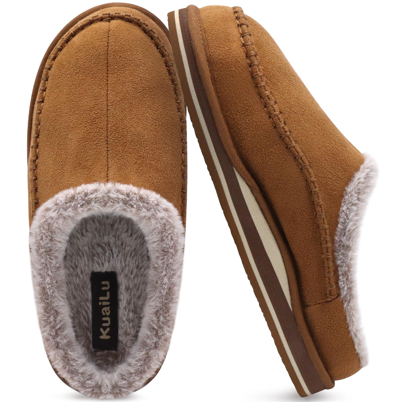 KuaiLu Mens Slippers with Orthotic Arch Support Suede Faux Fur Fluff Plush Wool-like Warm House Shoes Comfortable Slip-on Bedroom Indoor Outdoor Clogs Slippers for Man, Size Khaki 13